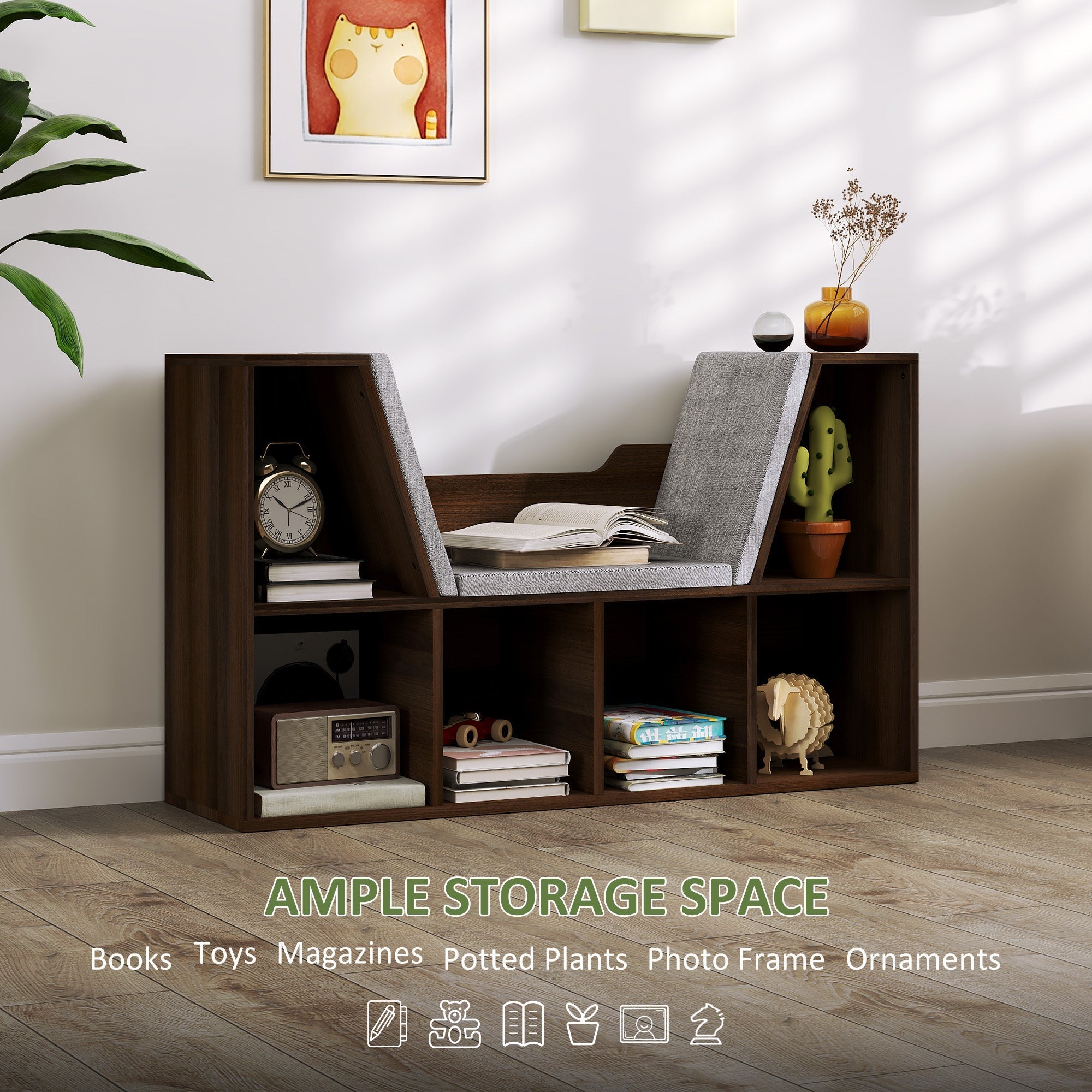 Bookcase Storage Shelf with Cushioned Reading Seat, Cube Organizer, Chestnut