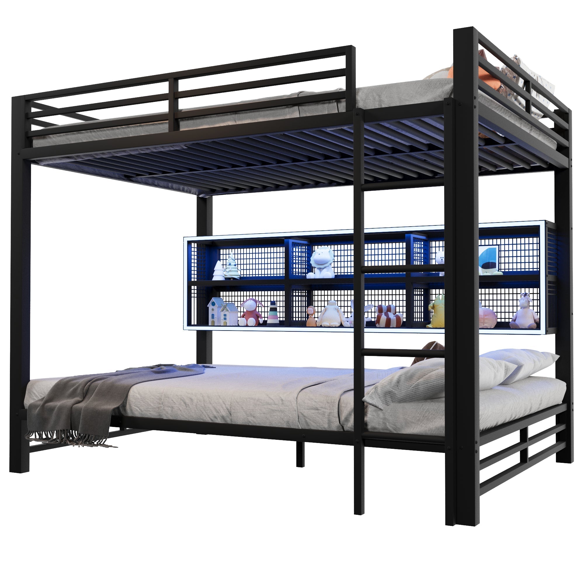 Bunk Bed 140x200 with Storage Cabinets LED Light Black