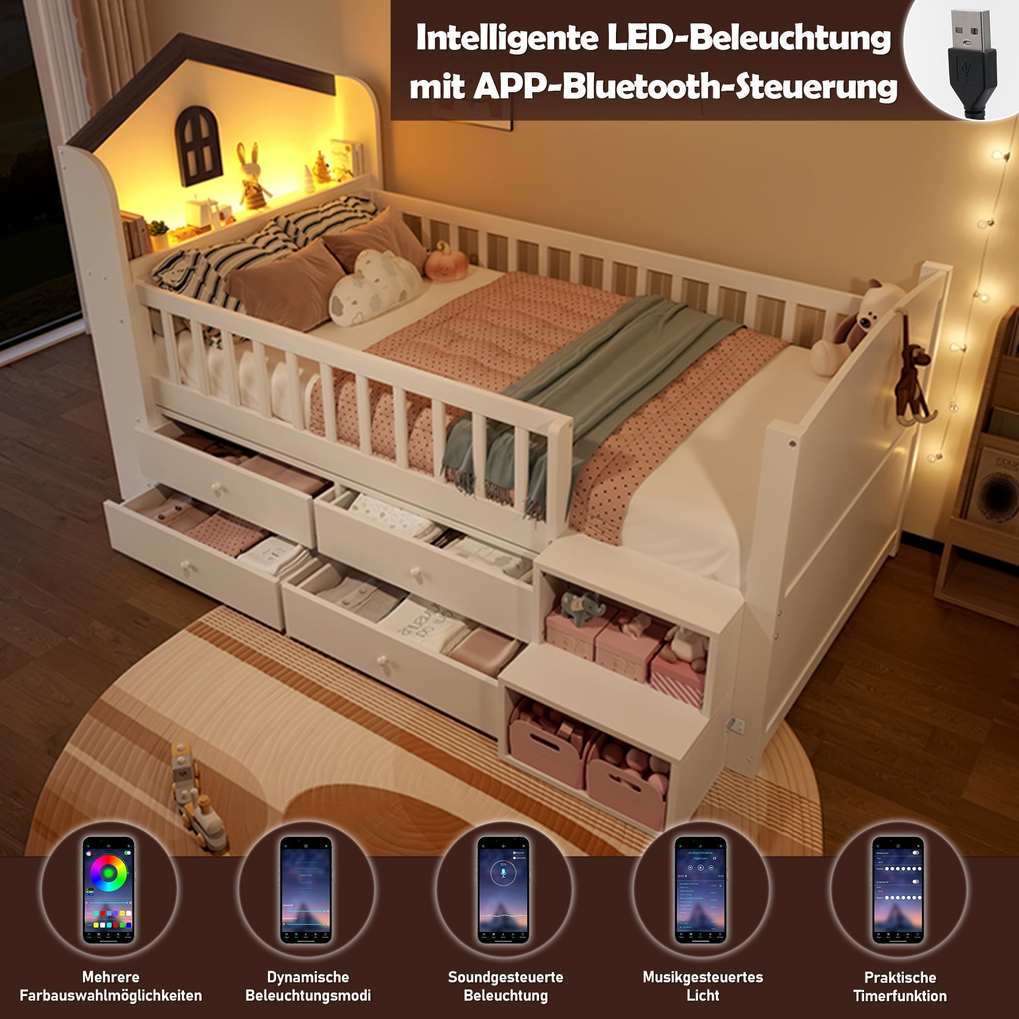 Mid-Height House Bed with Window, 4 Drawers and LED Light Strip, White