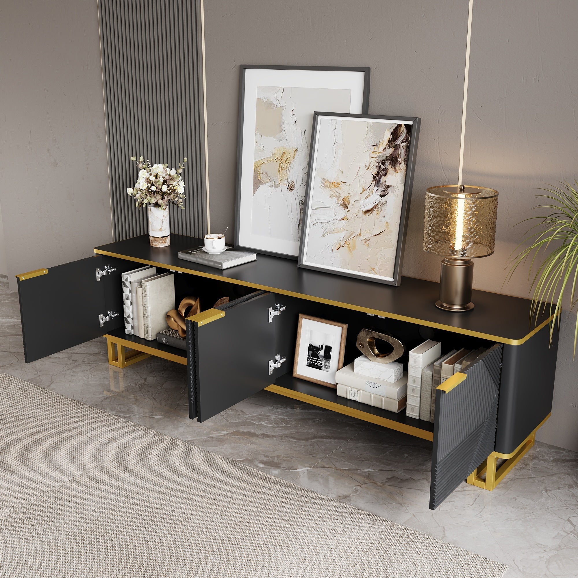Low TV Stand 4 Doors Geometric Texture 160cm