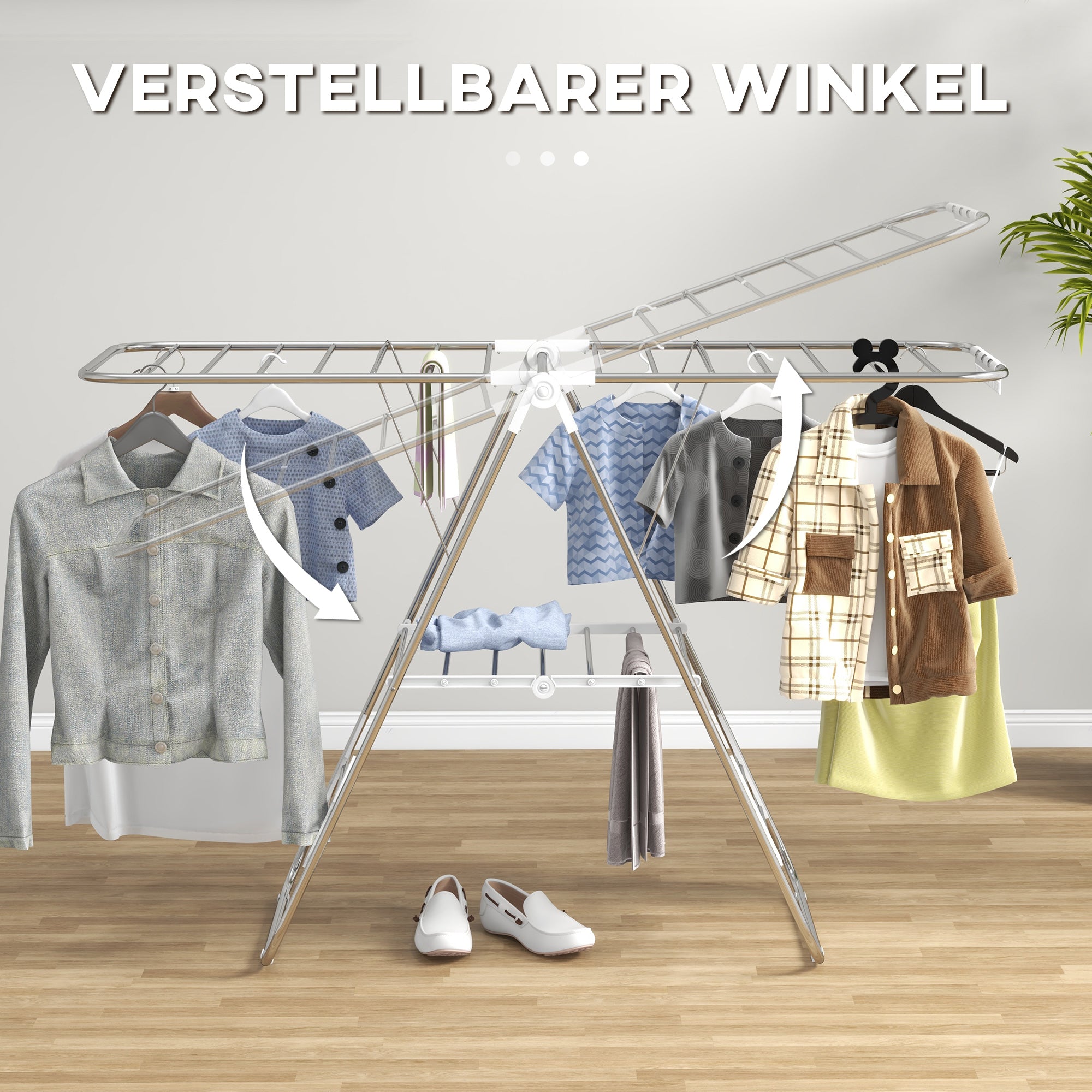 Wäscheständer, klappbar, tragbar mit Teleskopstangen, Edelstahl und Kunststoff, Silber und Weiß