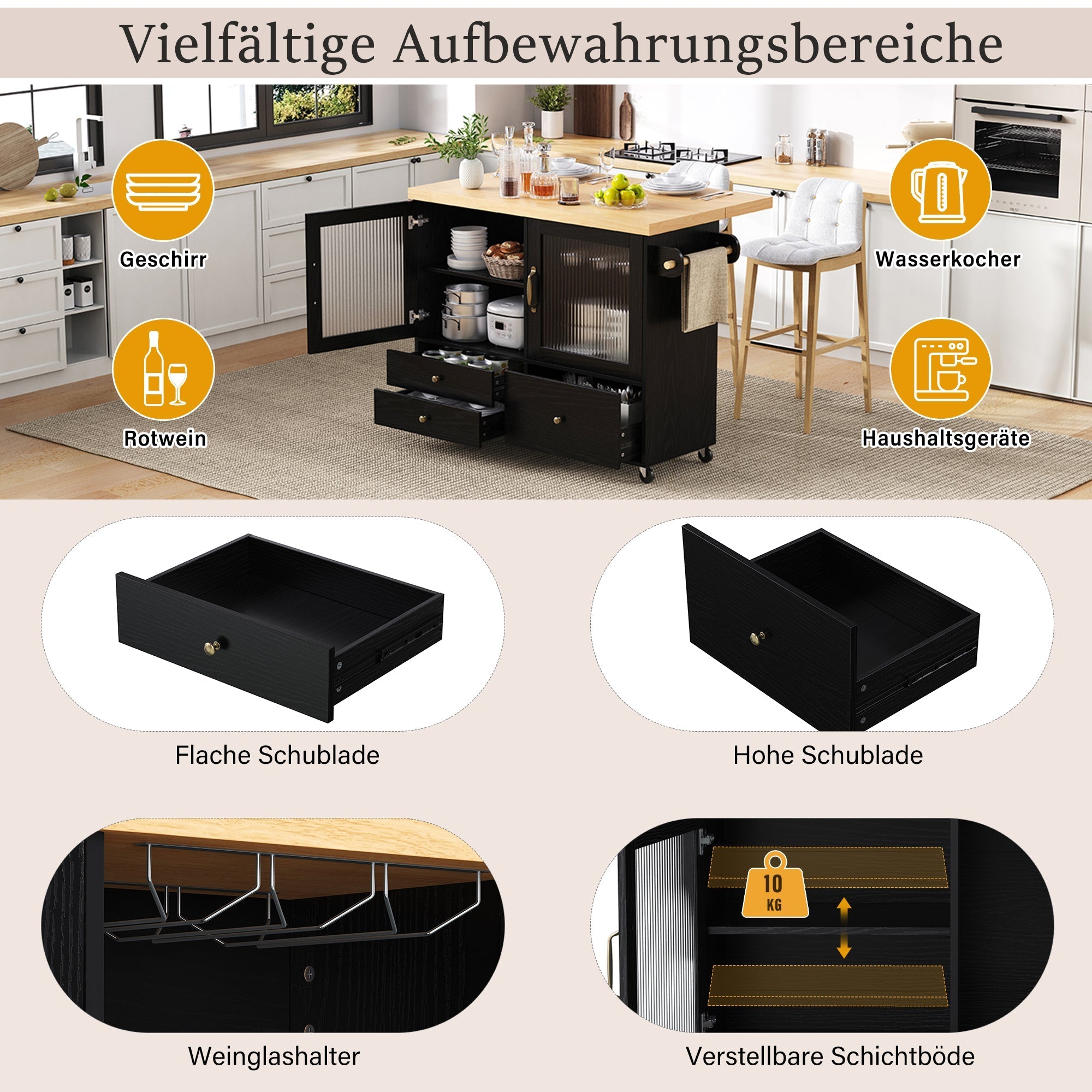 Mobile Kitchen Island Extendable Table Storage Wine Rack - Black