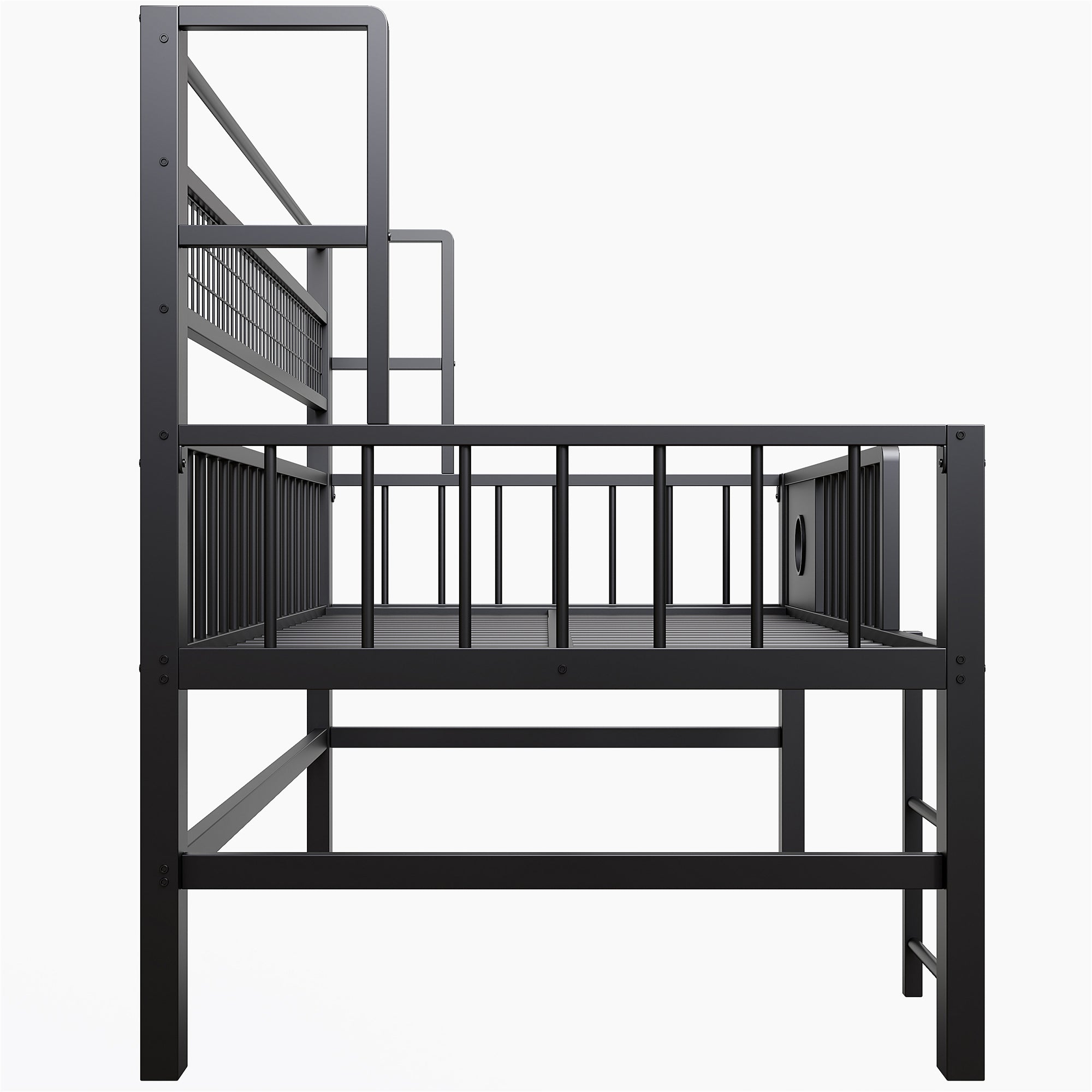 Low Loft Bed with Storage Compartments, 90x200cm, Black Metal
