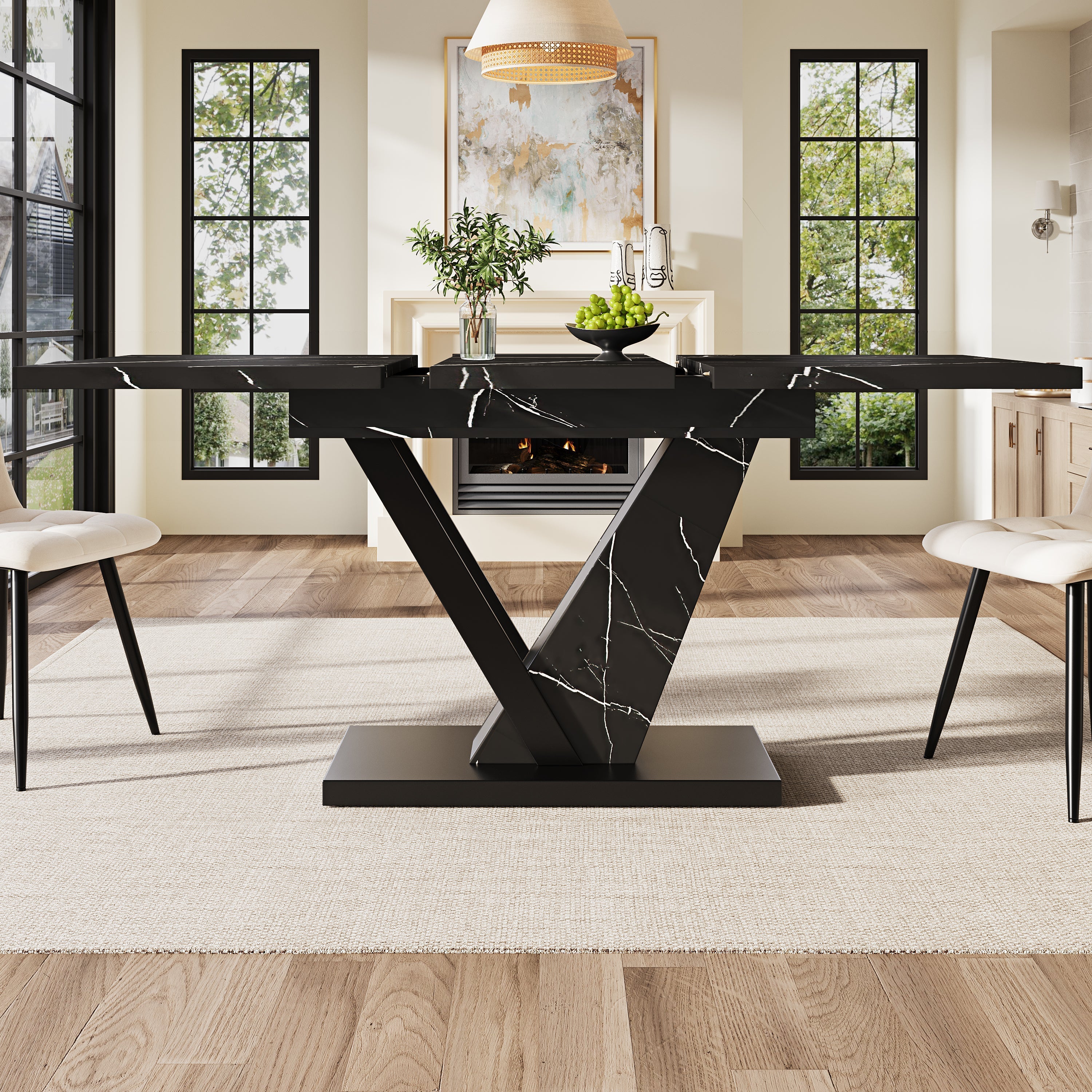 Telescopic Dining Table Extendable 120-160cm Marble Pattern - Black