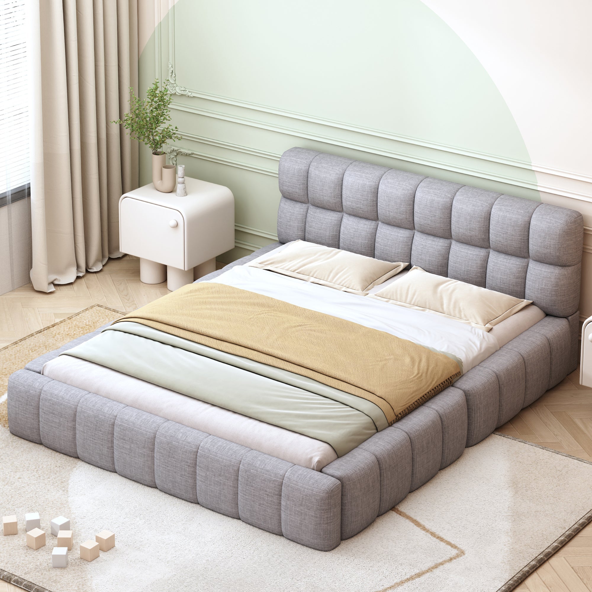 Upholstered Bed 140x200cm Double with Soft Backrest, Linen Grey