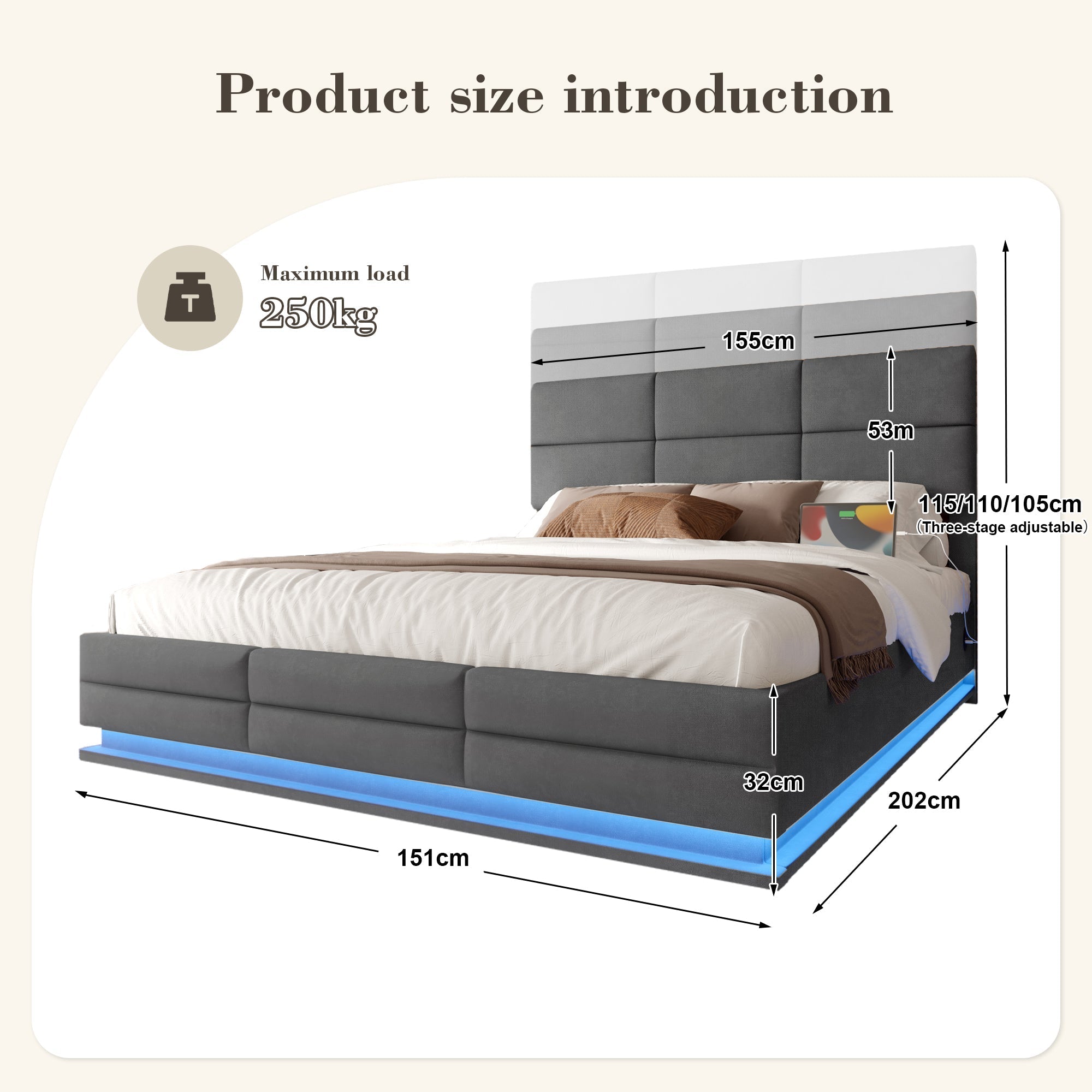 Modern Velvet Upholstered Bed, 150x200 cm, LED, USB Ports, Hydraulic Lift, Gray