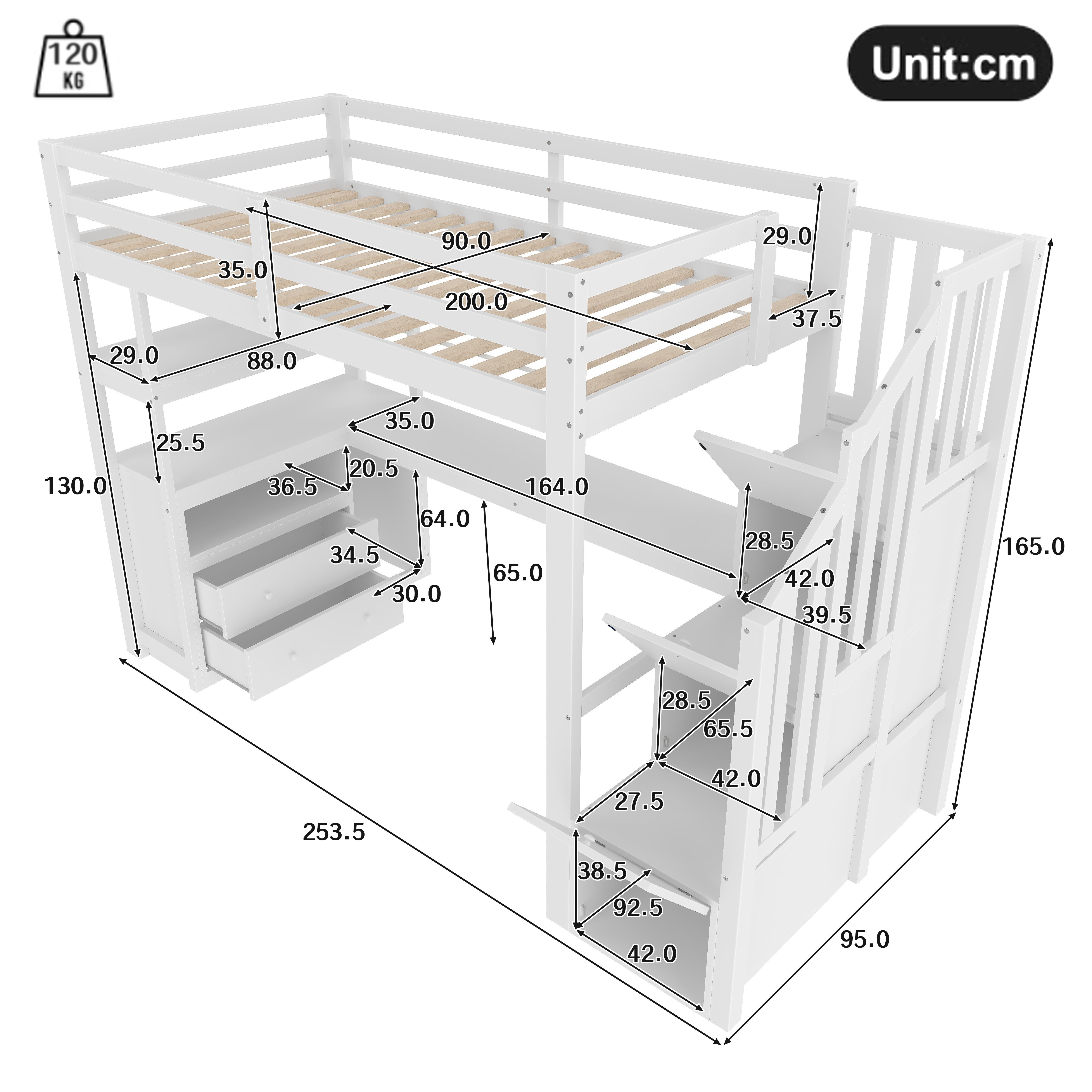 Loft Bed with Integrated Desk and Storage Ladder, 90x200cm, White