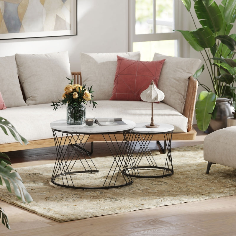 Coffee Tables Set of 2, Nestable Round Living Room, White Marble Look