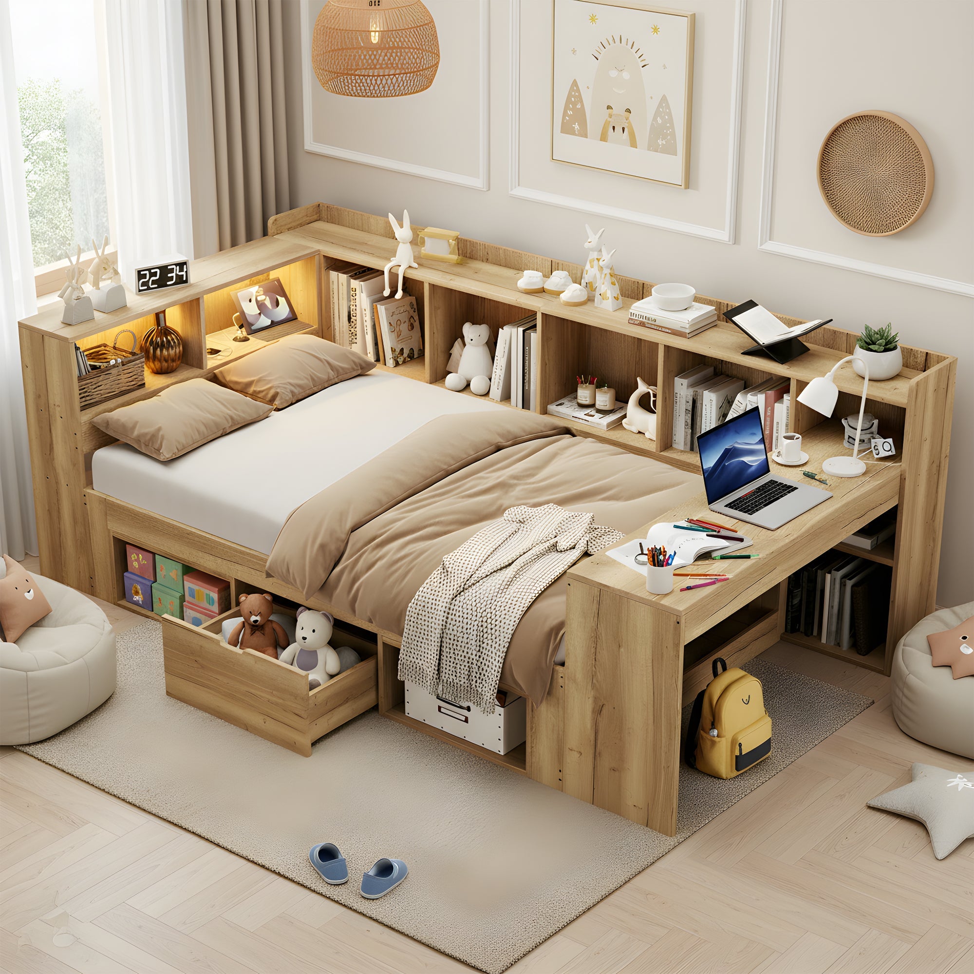 L-Shaped Wooden Platform Bed with LED, USB, Desk, Shelves and Drawers, 90x200cm, Natural Color