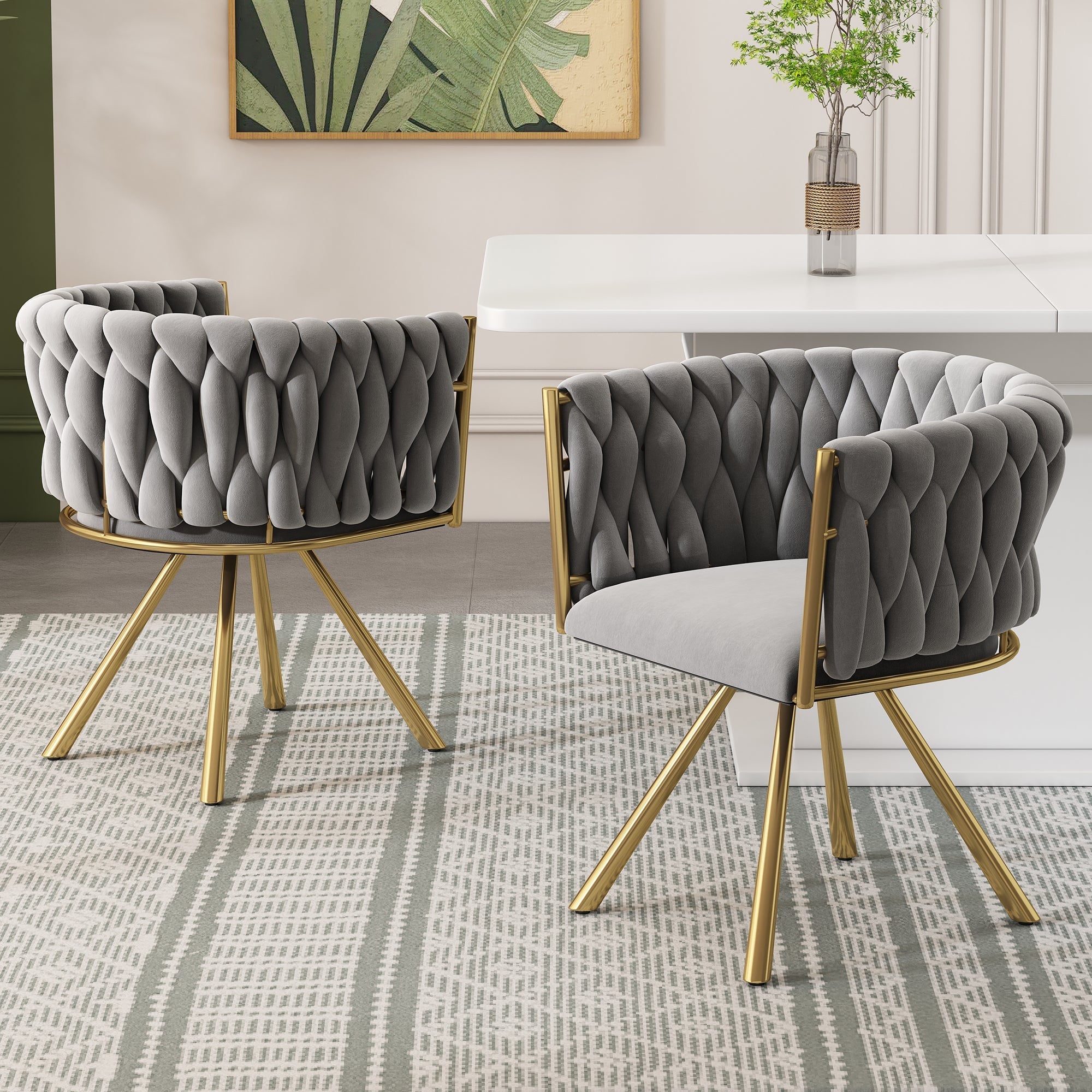 Dining Chair Set of 6 Swivel Metal Legs - Velvet Grey/Gold