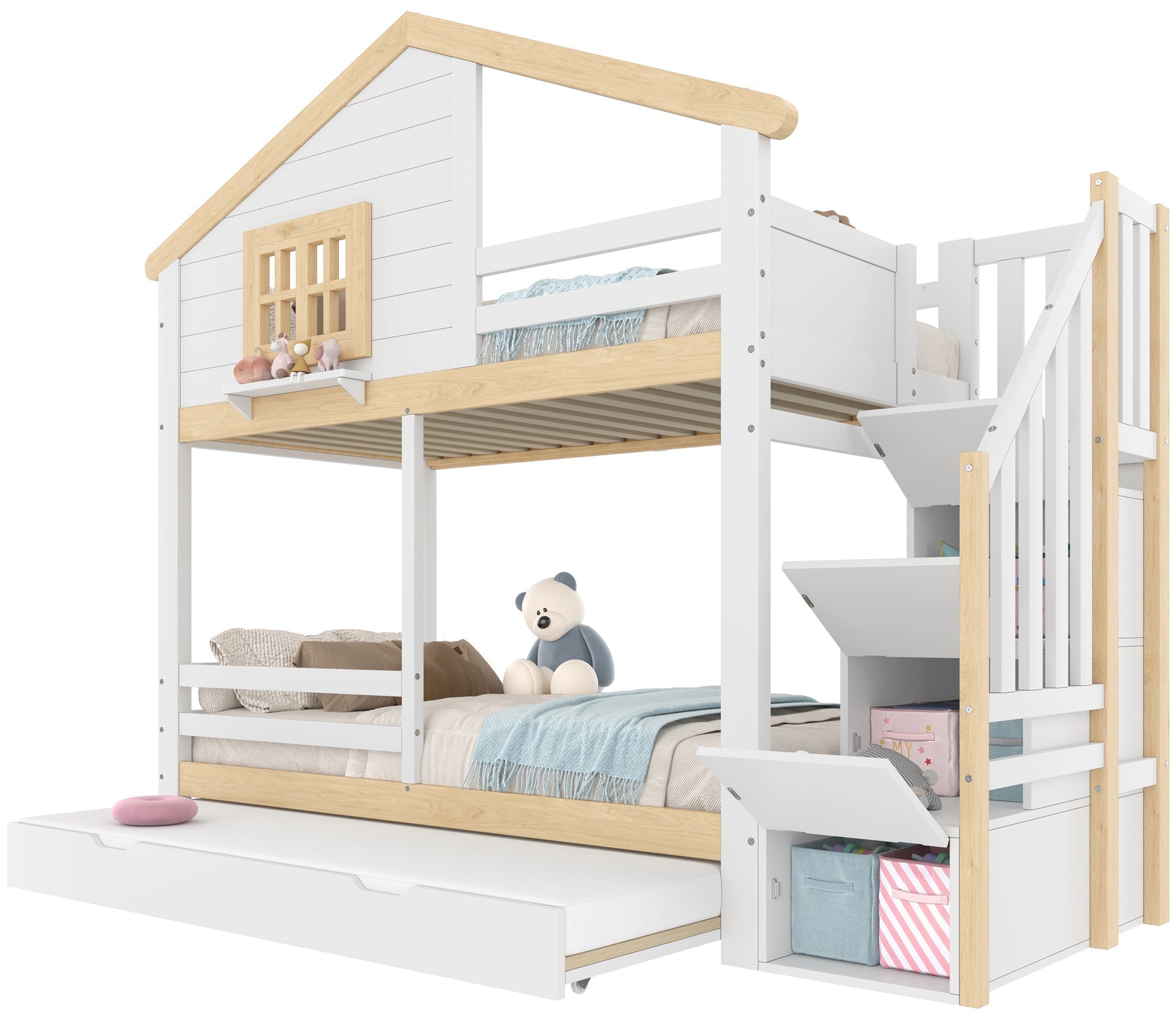 Bunk Bed with Pull-out Bed, Storage Ladder and House Frame, White and Natural