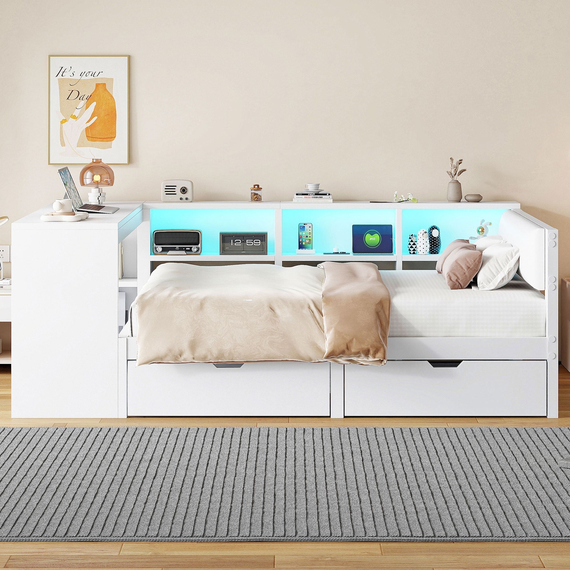 Platform Bed 140x200 Upholstered Headboard Storage Drawers LED Charge Station - White