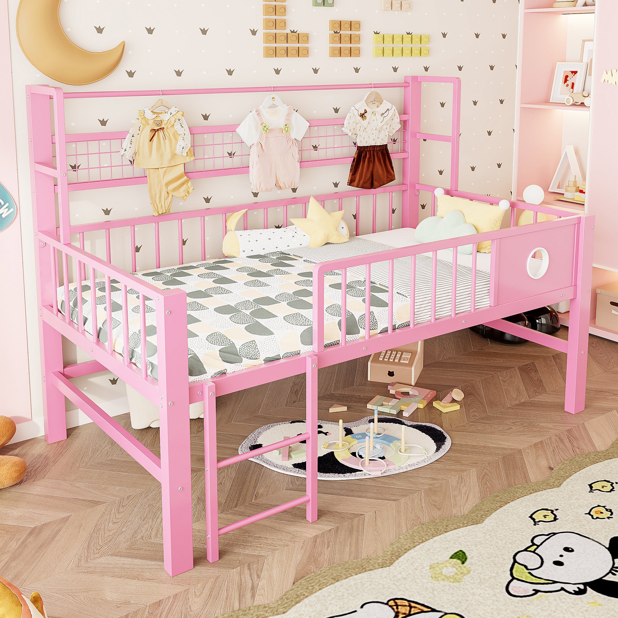 Low Loft Bed with Storage Compartments, 90x200cm, Pink Metal Frame