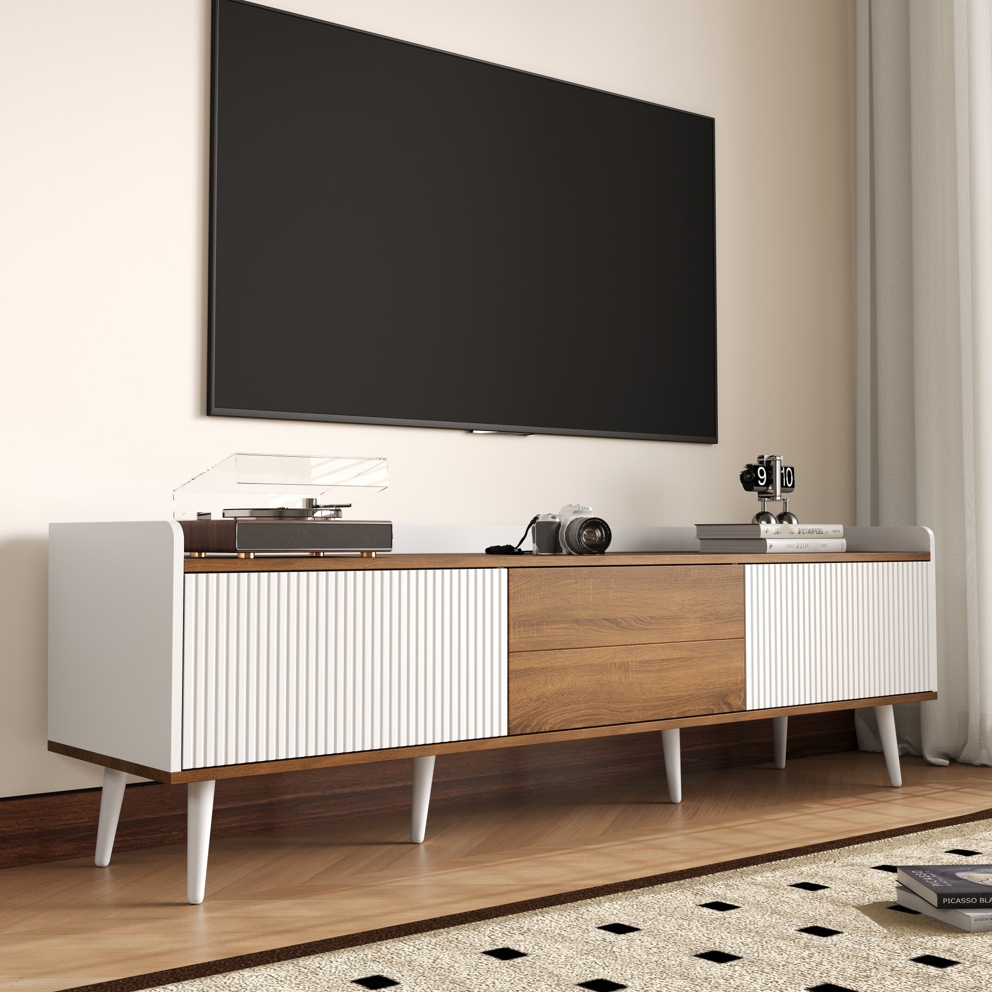 TV Cabinet, 3-Door Base, Compact Design, White and Natural Wood