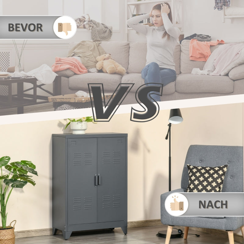 Filing Cabinet with Louvre Doors, Metal with 2 Adjustable Shelves, Grey