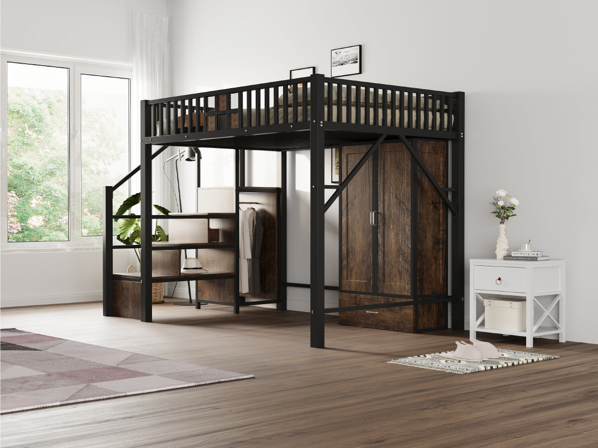 Metal Loft Bed 140x200cm, Wardrobe, Drawers & Storage Ladder, Black Wood & Metal