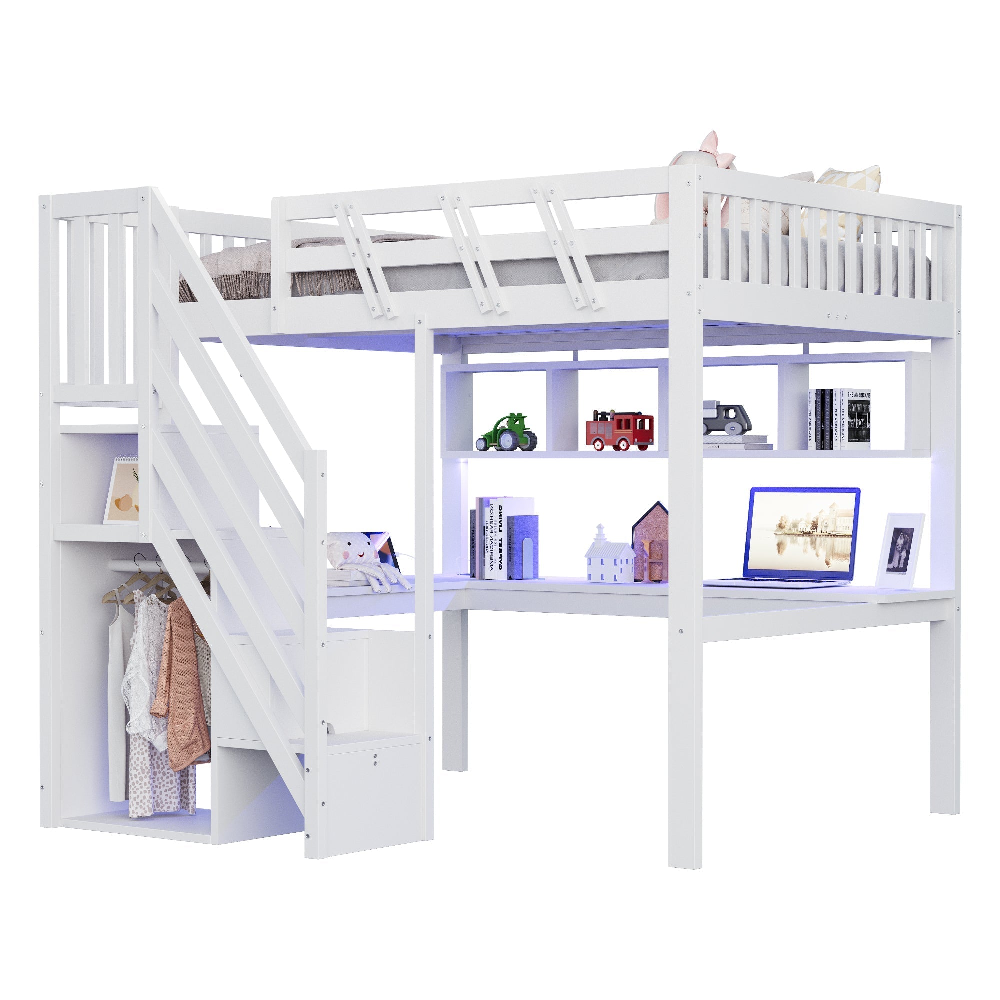 Solid Wood Loft Bed 140x200 with Desk, Storage Stairs, USB and LED, White