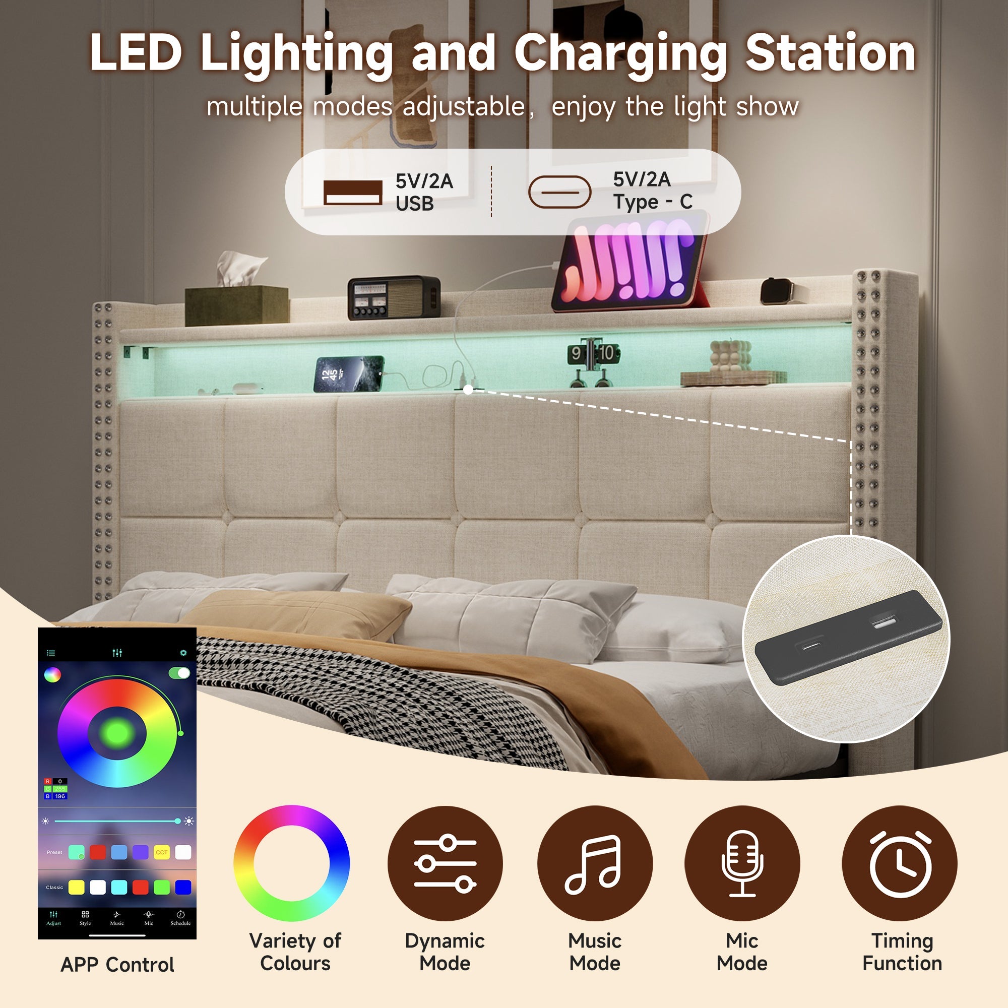 4ft6 Double Upholstered Storage Bed w/ LED, Charging Station, Linen Beige