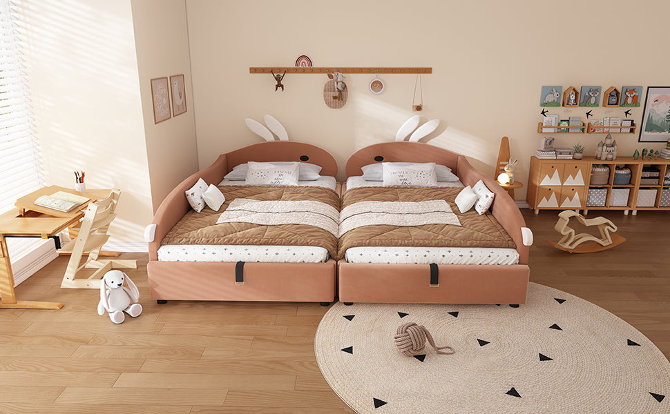 Upholstered Bed, Children's Hydraulic with Bunny Headboard & Storage, Velvet Pink+White