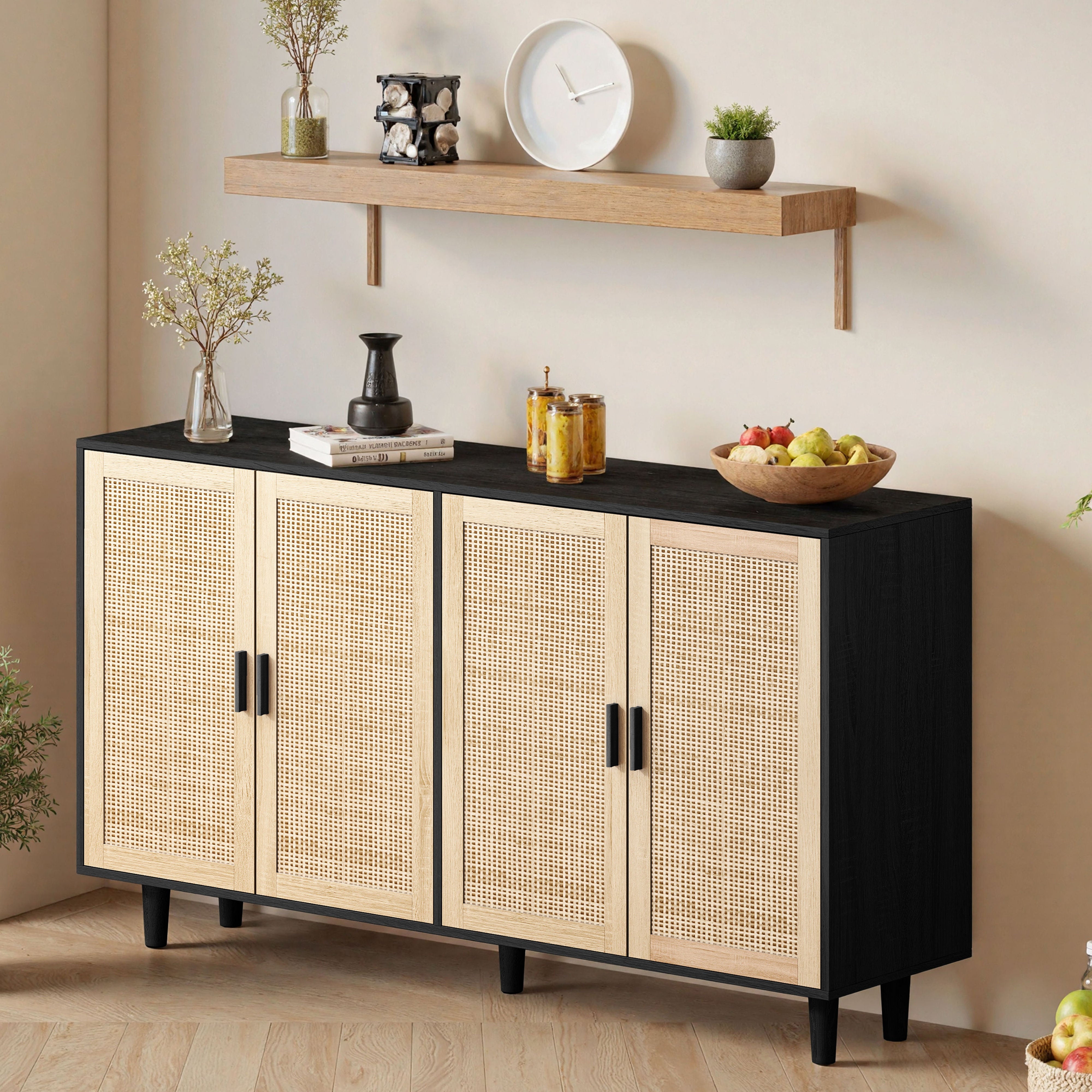 Rattan Storage Cabinet, 158cm 4-Door Decorative, Black