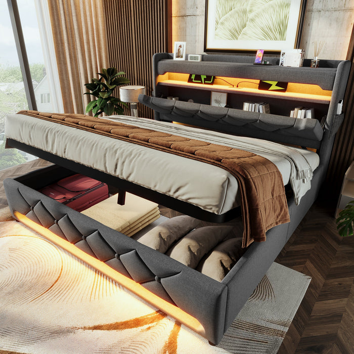Upholstered Double Bed 140x190 with Storage Headboard, USB/Type-C, 360° LED and Hydraulic Storage, Grey Linen