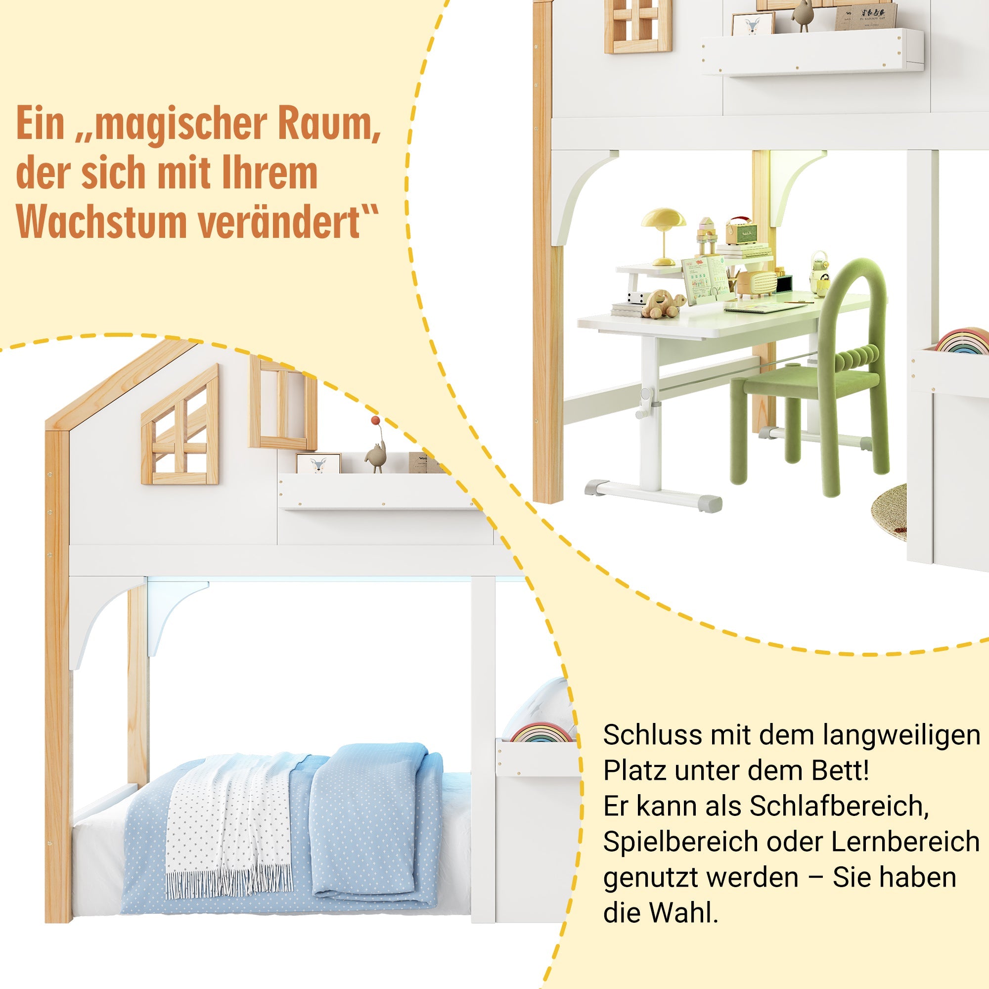 Bunk Bed House 90x200cm Wooden with LED Storage Stairs White + Natural