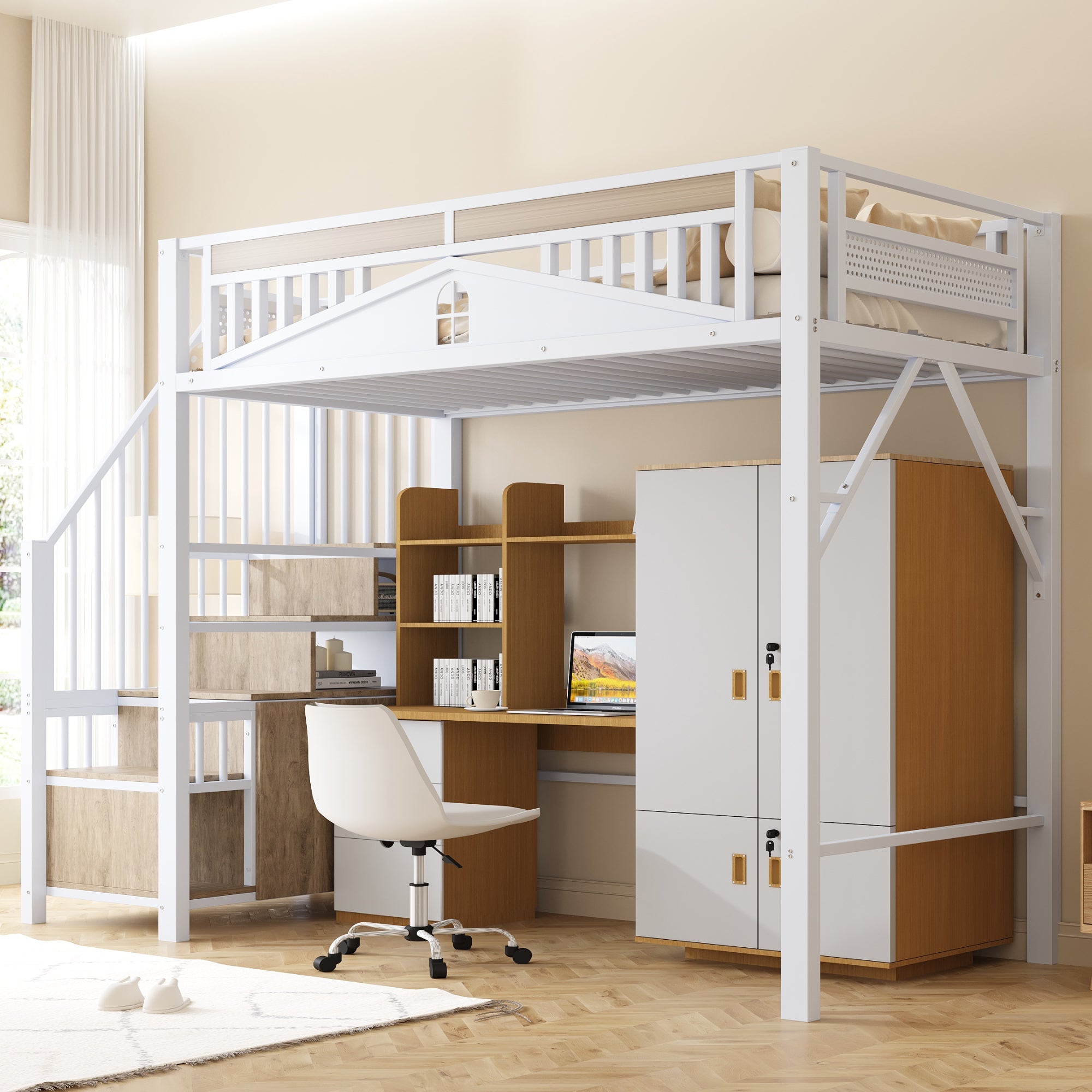 Metal Loft Bed, 90x200cm with Safety Enclosure, Ladder & Locker, White