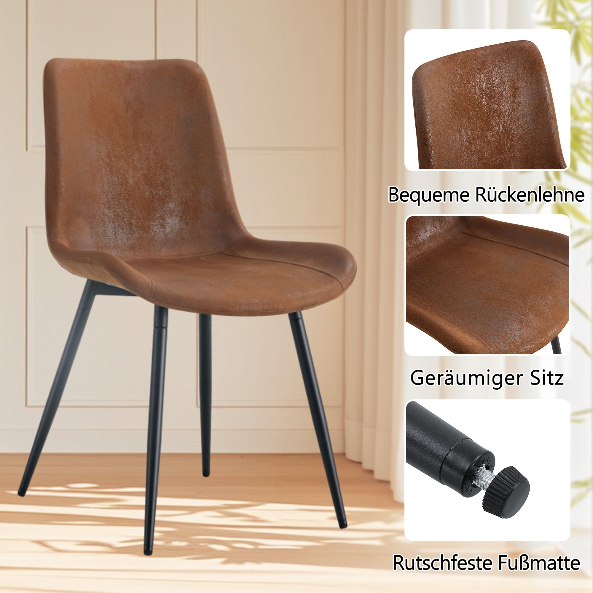 Modern Minimalist Round Table Set 100cm with 4 Tech Fabric Armchairs Black Wood Look & Brown