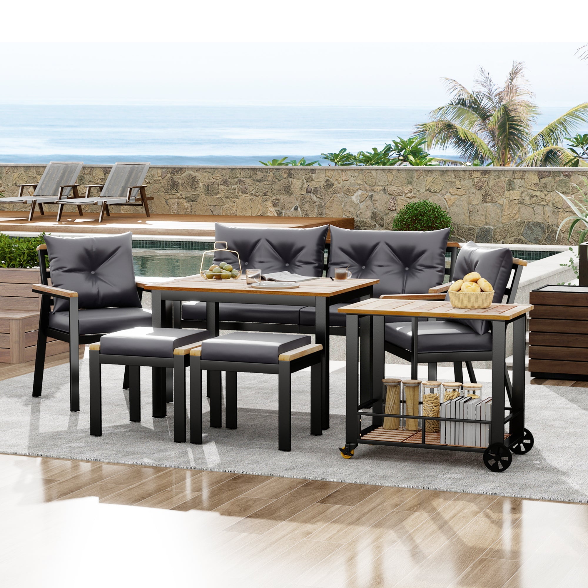 Dining Set, 6-7 Seater with Armchairs & Removable Trolley, Acacia Wood