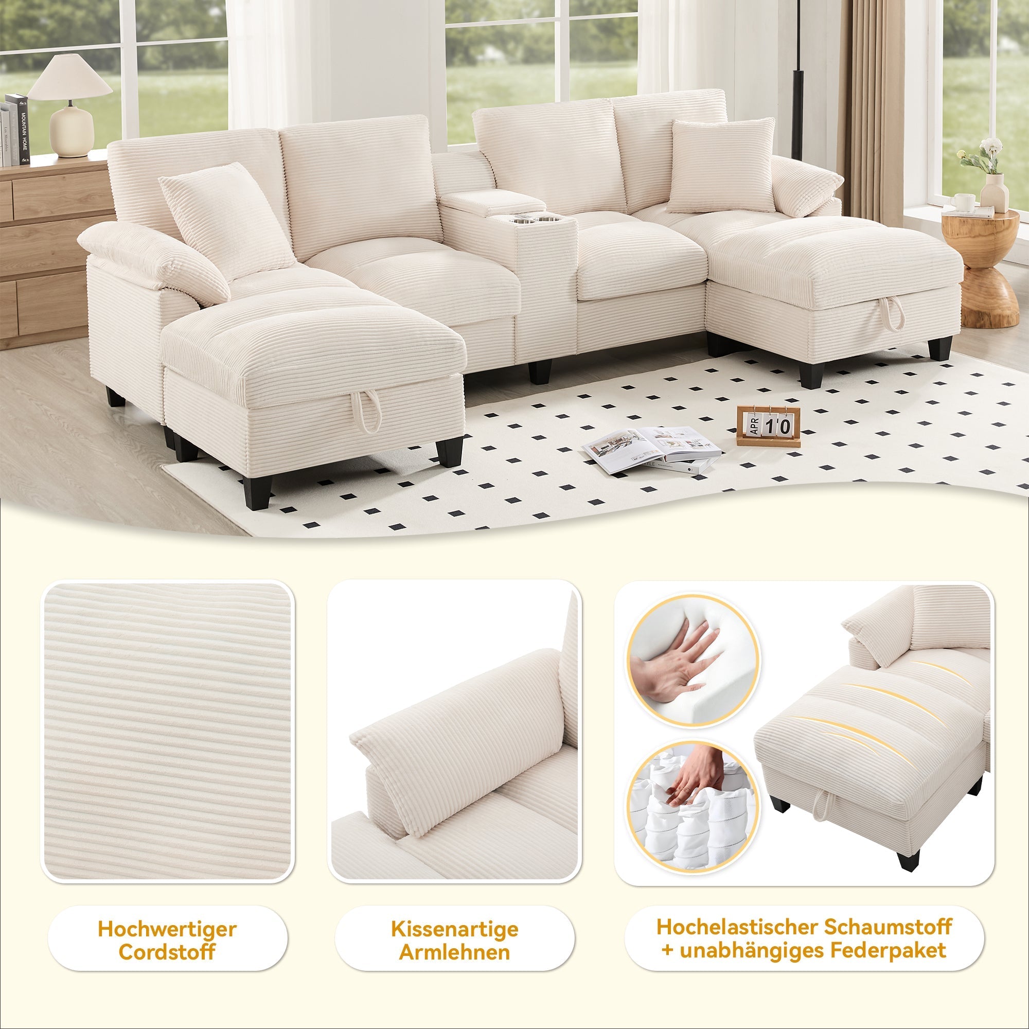 U-shaped Sofa 4-Seater with Storage USB Ports Cup Holders Oversized Corduroy