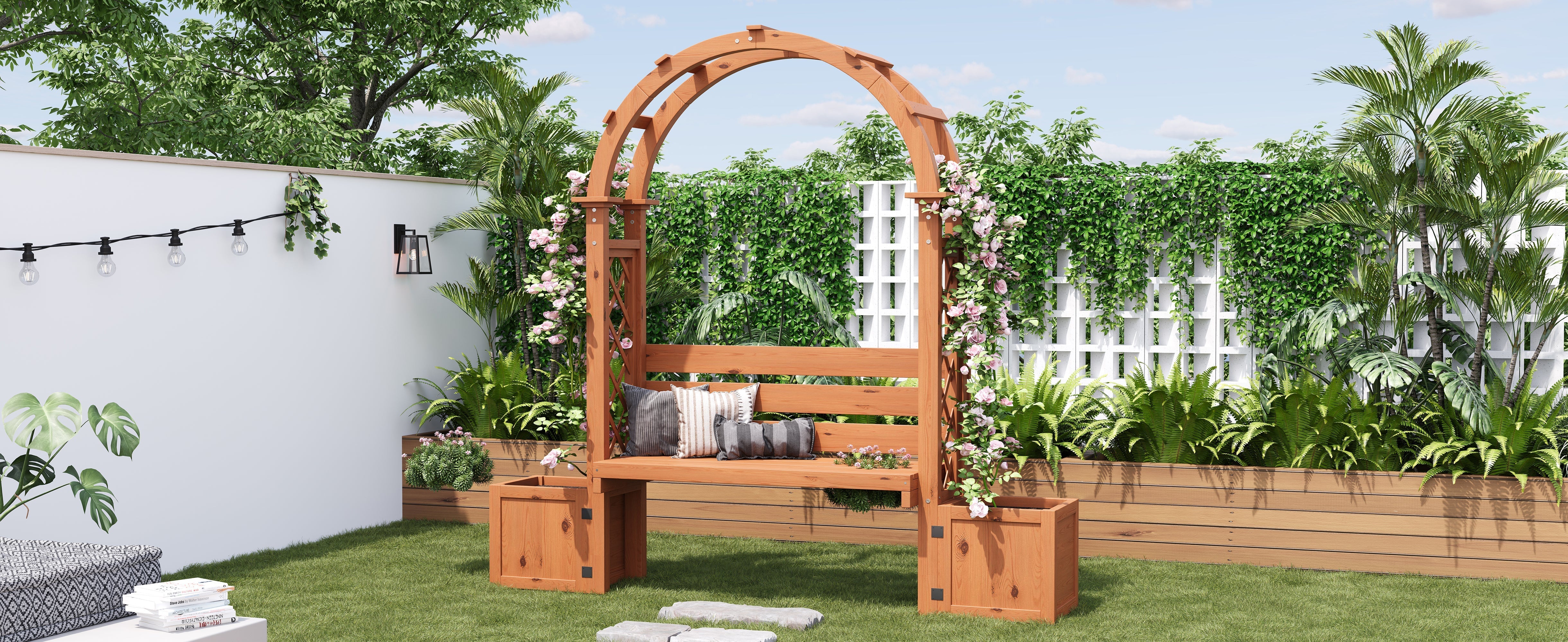 Planter Box with Trellis and Bench for Garden and Yard, Natural Wood