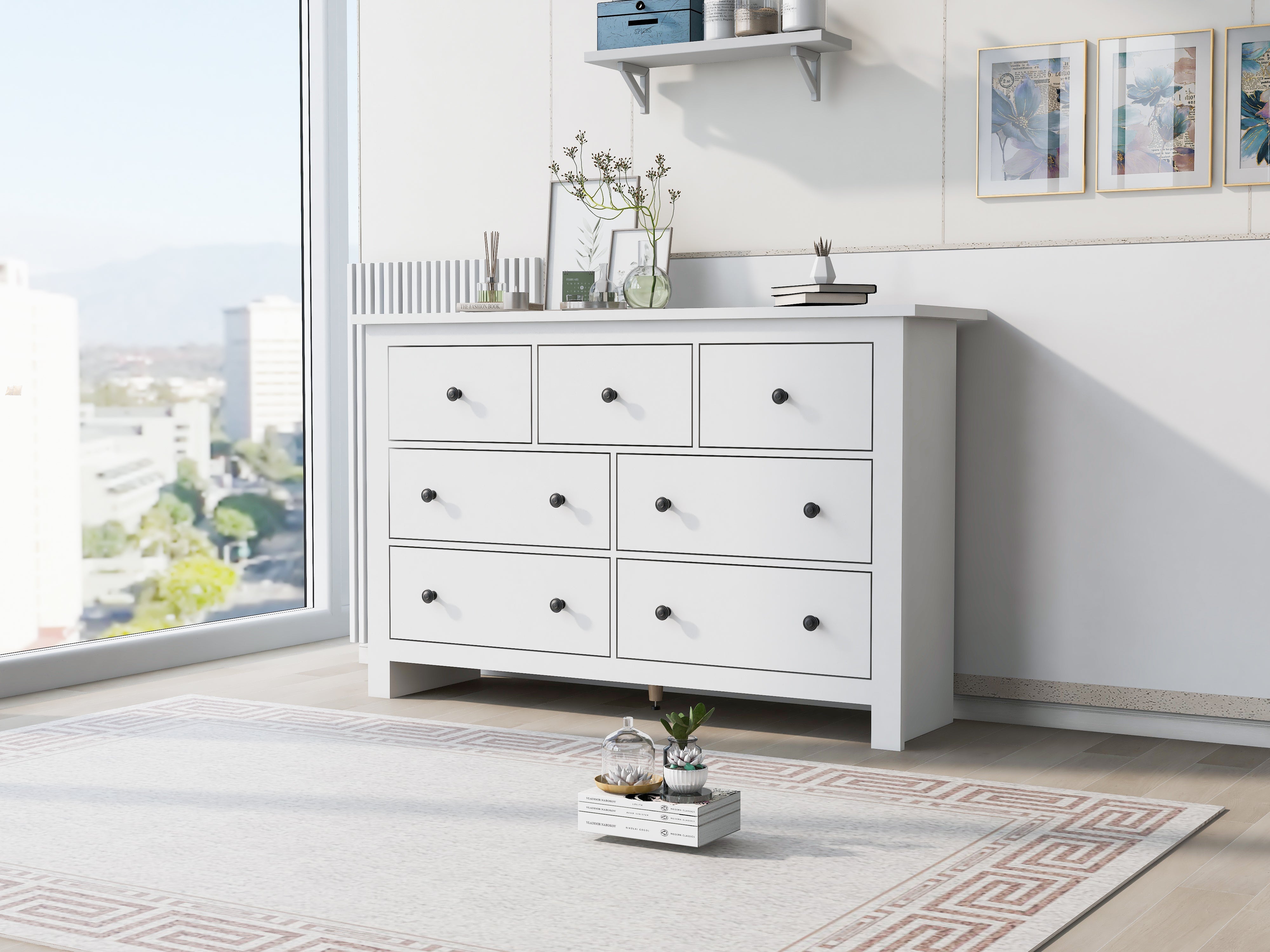 Sideboard with 7 Drawers, Kitchen & Living Room Storage Cabinet, White