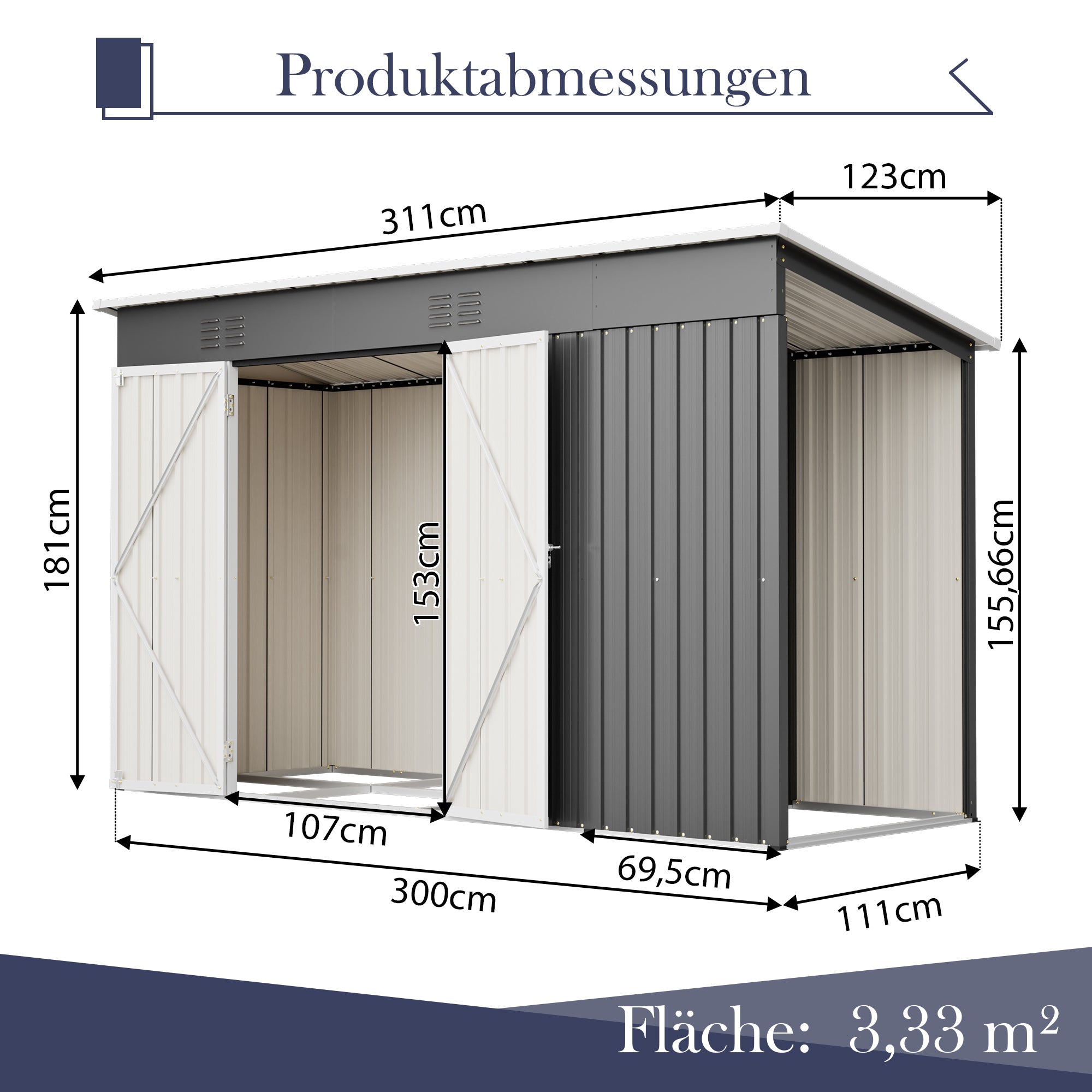 10x4 FT Metal Garden Shed with Double Doors, Ventilation and Reinforced Frame, Grey
