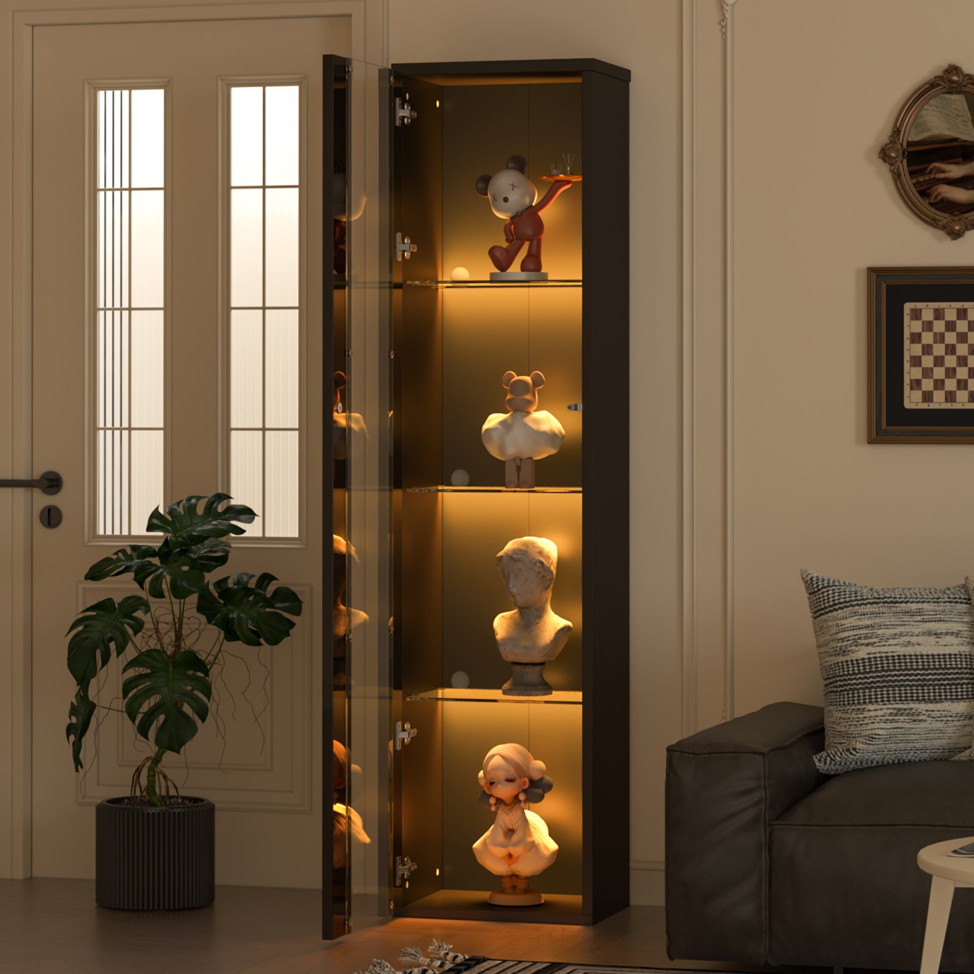 Display Case 40x29x170cm LED Light App Control Glass Partition - Black