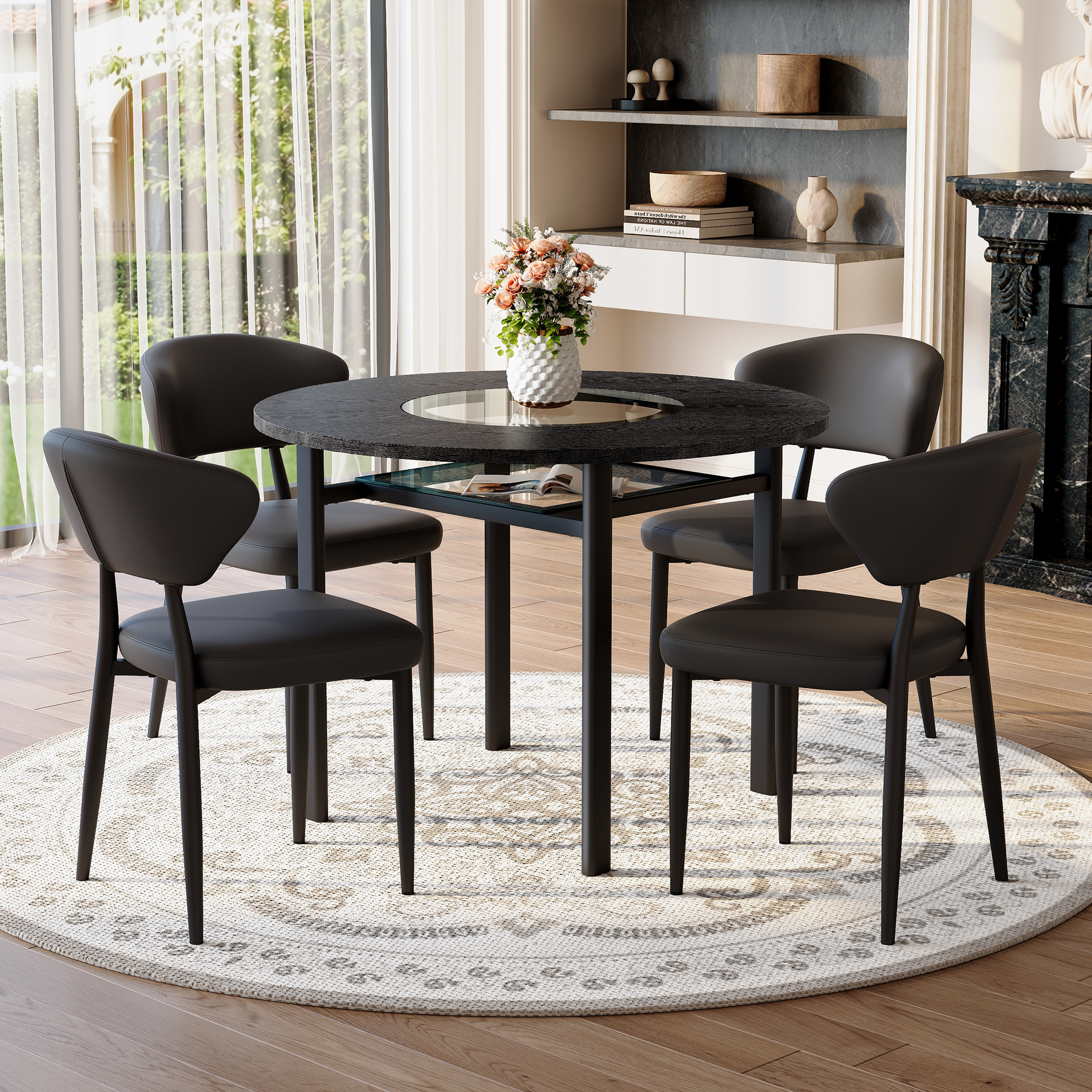 Minimalist Round Table Set 100cm 4 Armchairs - Black PU/Wood Look