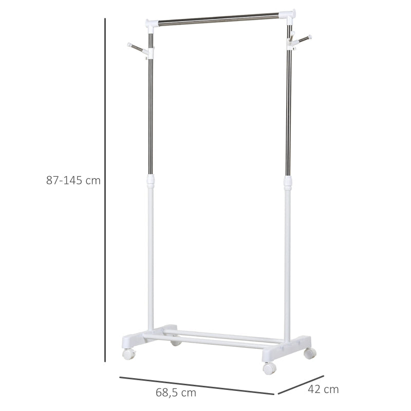 Rolling Coat Rack, Height-Adjustable with Bottom Shelf, 4 Wheels, White