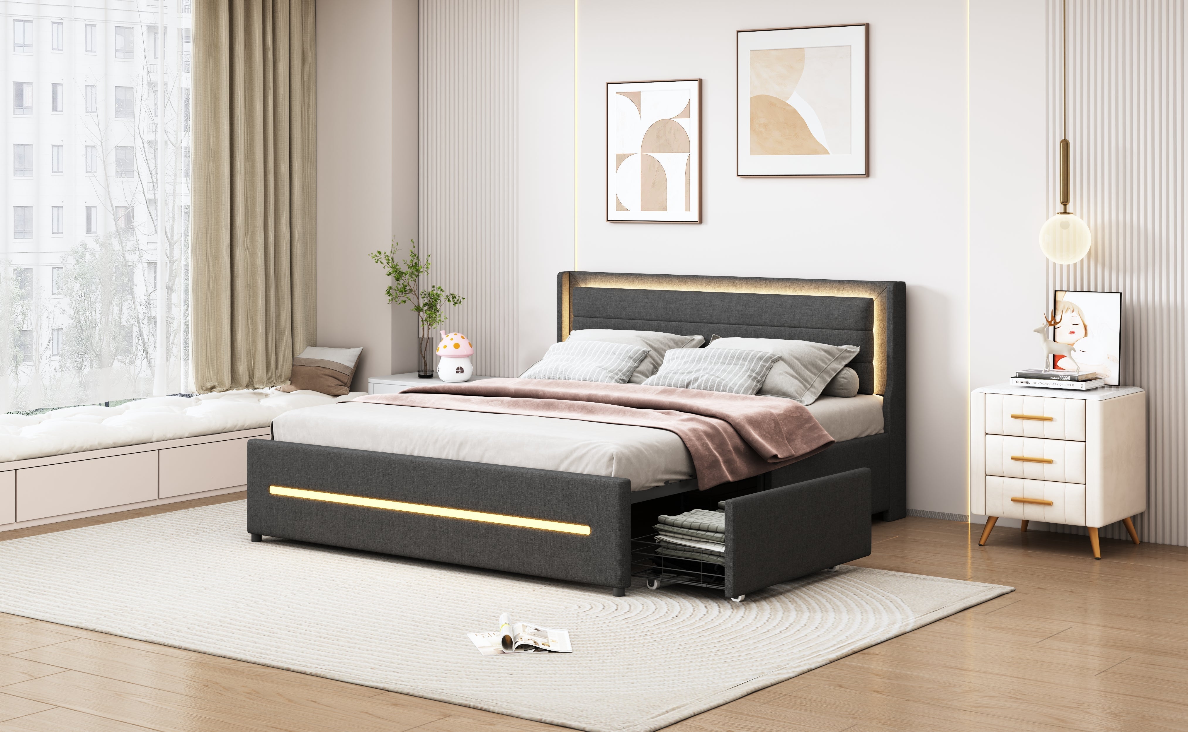 Upholstered Bed 160*200, LED Lighting, 4 Storage, Linen, Gray