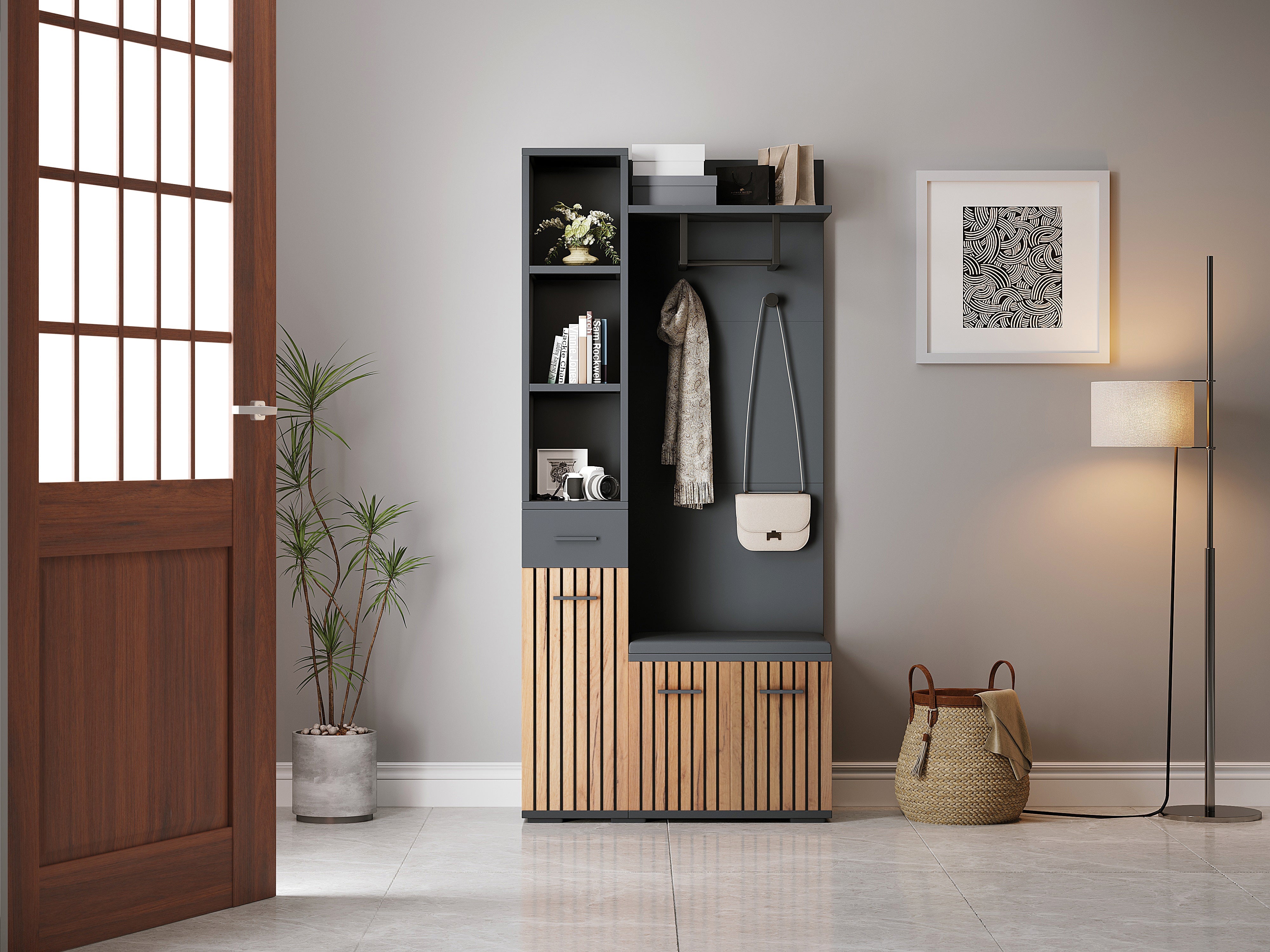 Compact Wardrobe 80*35*175cm 2 Cabinets Coat Rack Shoe Bench Upholstered, Black + Wood Color