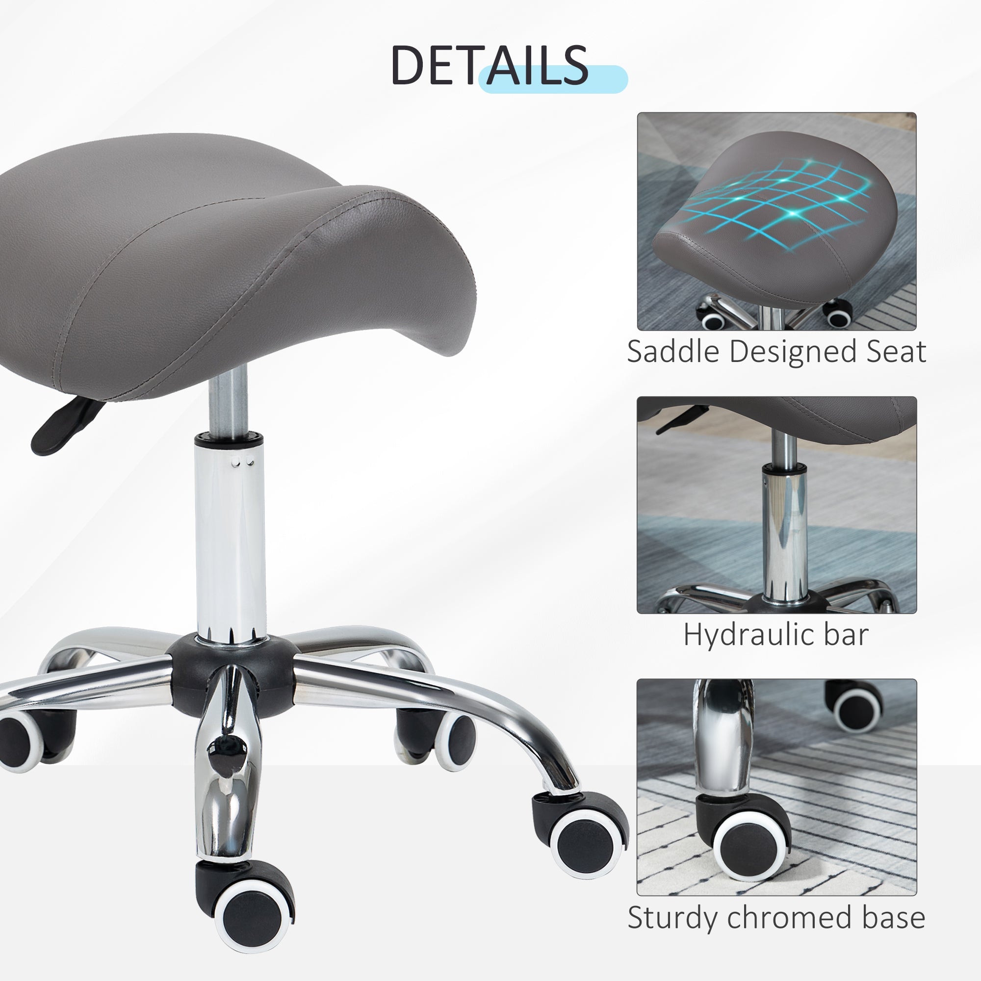 Cosmetic Saddle Stool, 360° Rotate Height Adjustable Rolling, Faux Leather Grey