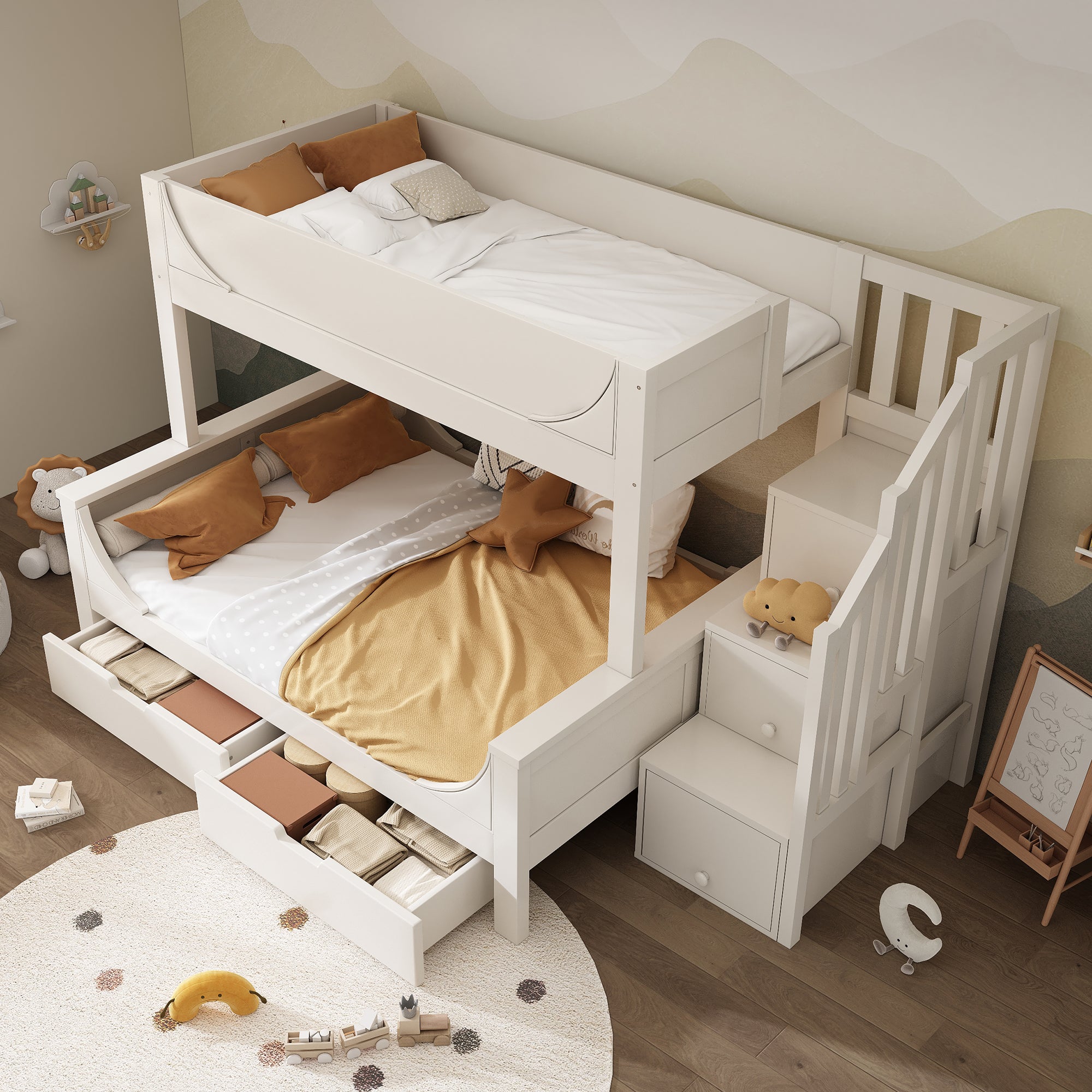 Bunk Beds for Kids, Staircase with Drawers and Storage, Solid Wood, White