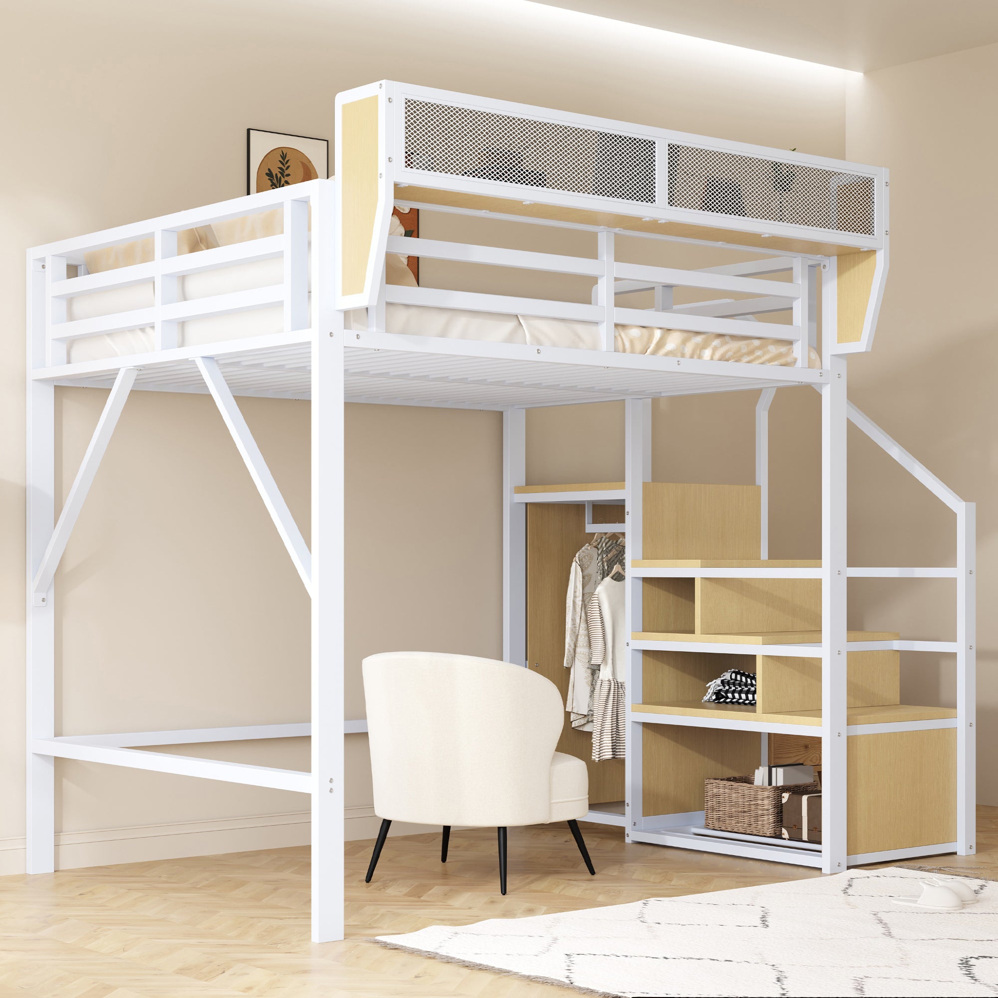 Loft Bed 140x200 Safety Ladder Storage Metal White