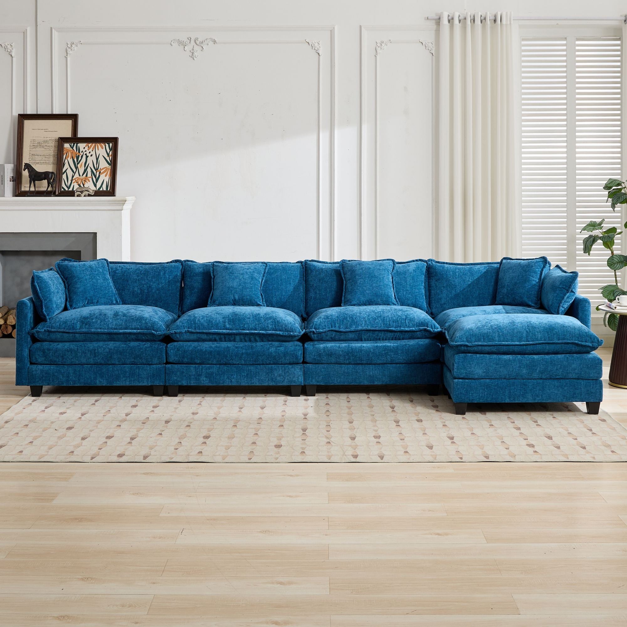Cloud Sofa 4 Seats Sectional Couch with Double Layer Upholstered Cushion, Blue Chenille Fabric