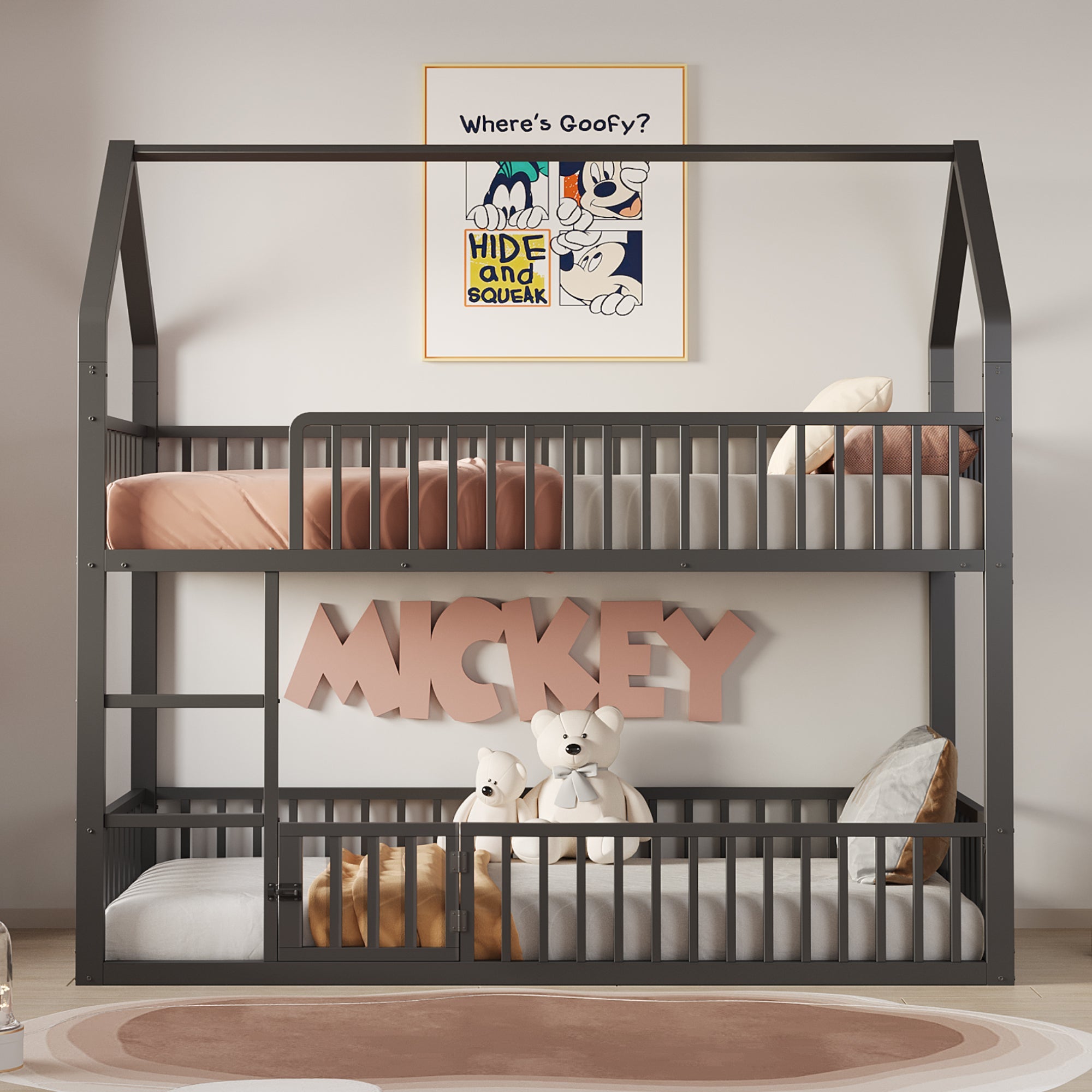 Children's Bunk Bed 90*200, Loft Design with Stairs & Small Door, Metal Black