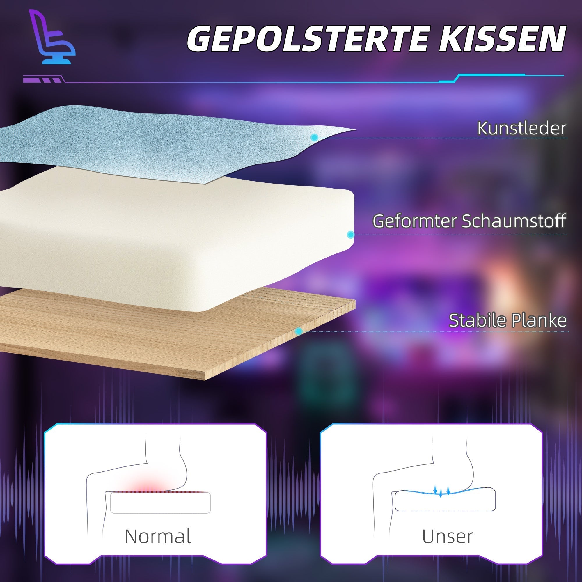 Gaming-Stuhl mit Liegefunktion, ergonomisch, Kunstleder Blau
