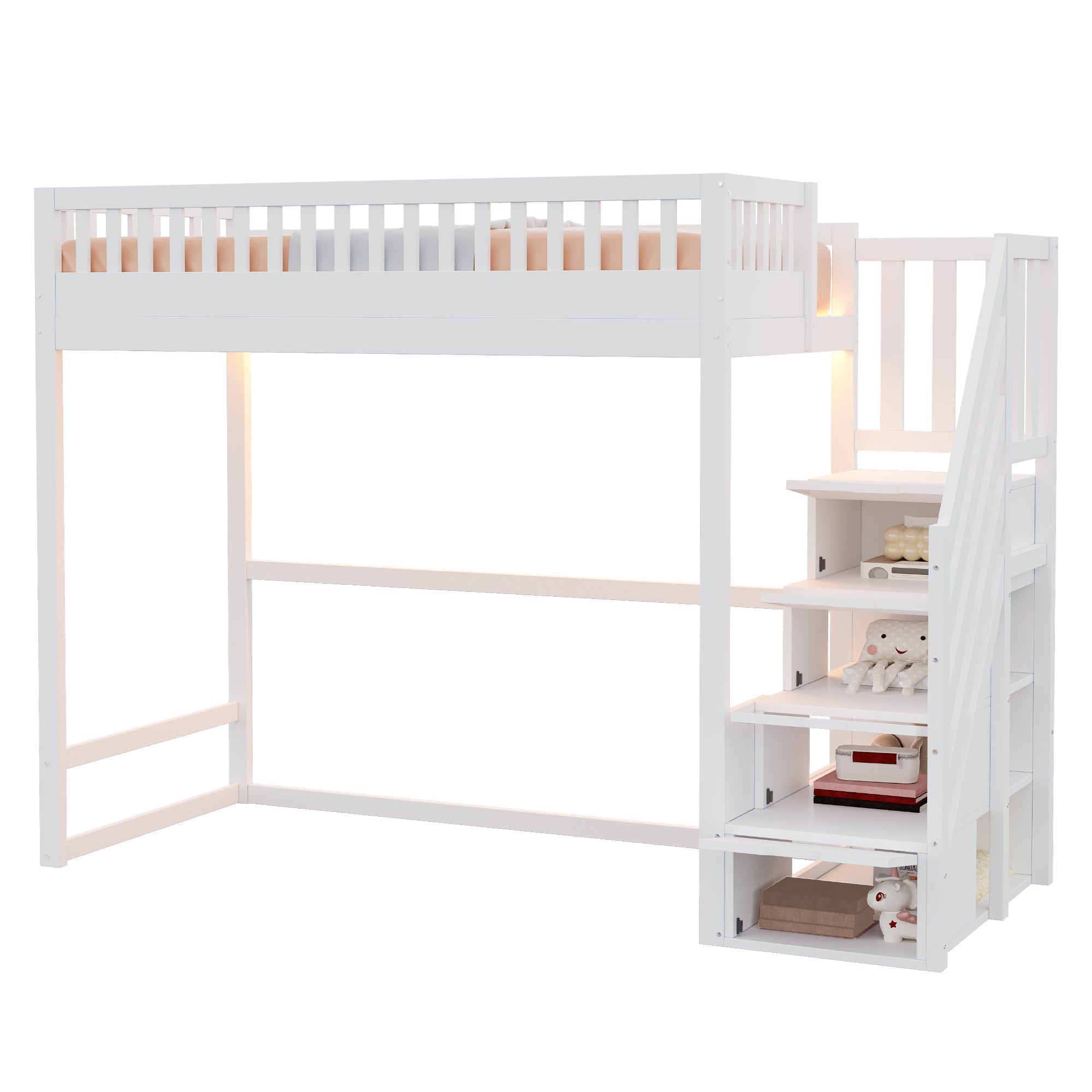 Loft Bed with LED Light Strip and Interchangeable Safety Ladders, 90x200cm, White Solid Pine Wood