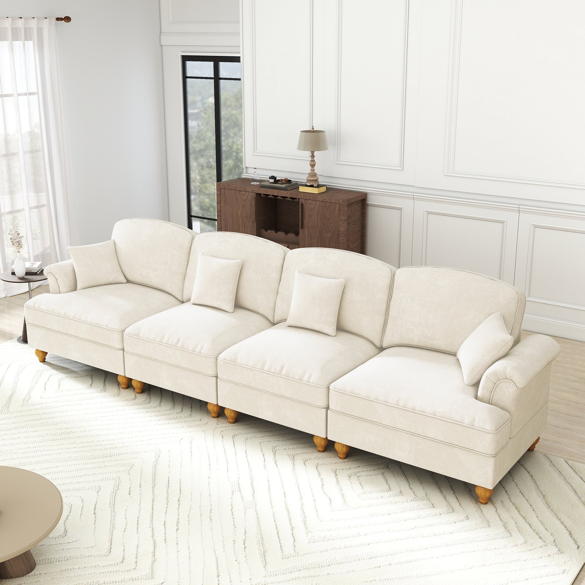 Elegant 4-Seater Sofa Mid-Century Ruffled Apron Spindle Legs - White Chenille