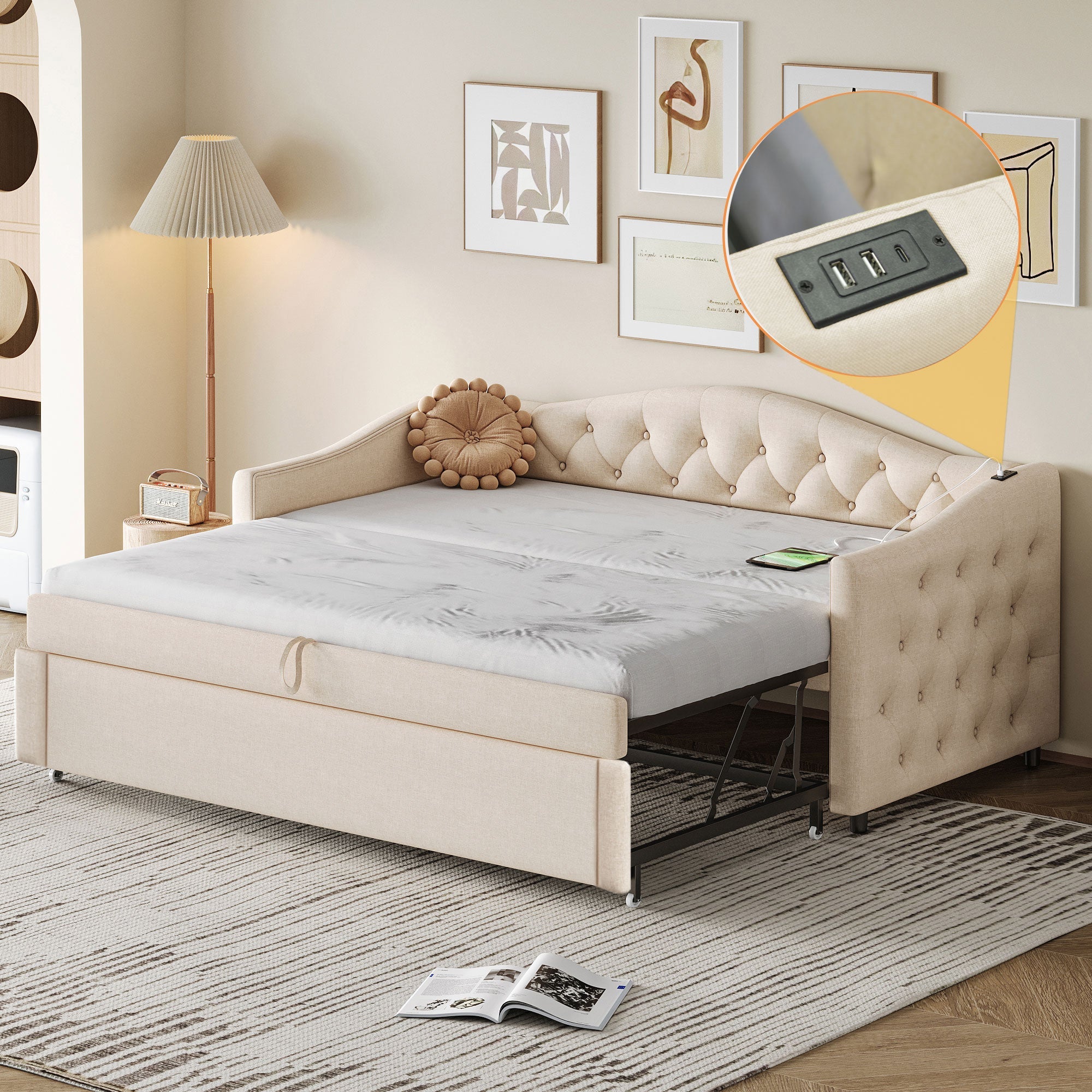 Upholstered Pull-out Sofa Bed with USB Port, Slatted Frame, Multifunctional - Linen Fabric, Beige