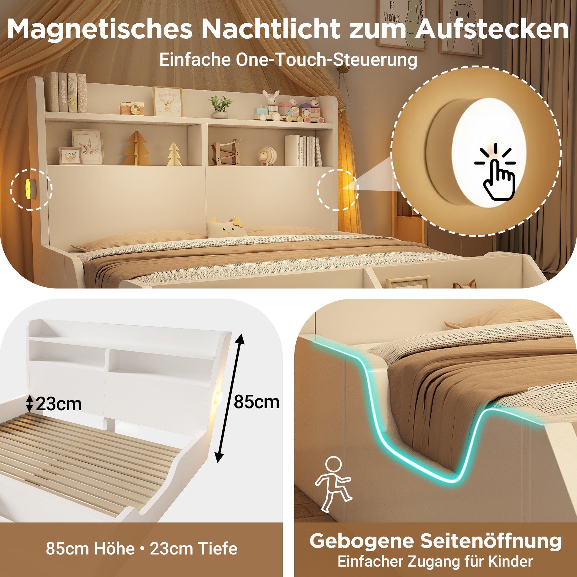 Wooden Double Bed 140x200cm Youth Bed with Shelves Nightlights Bookshelf Pure White
