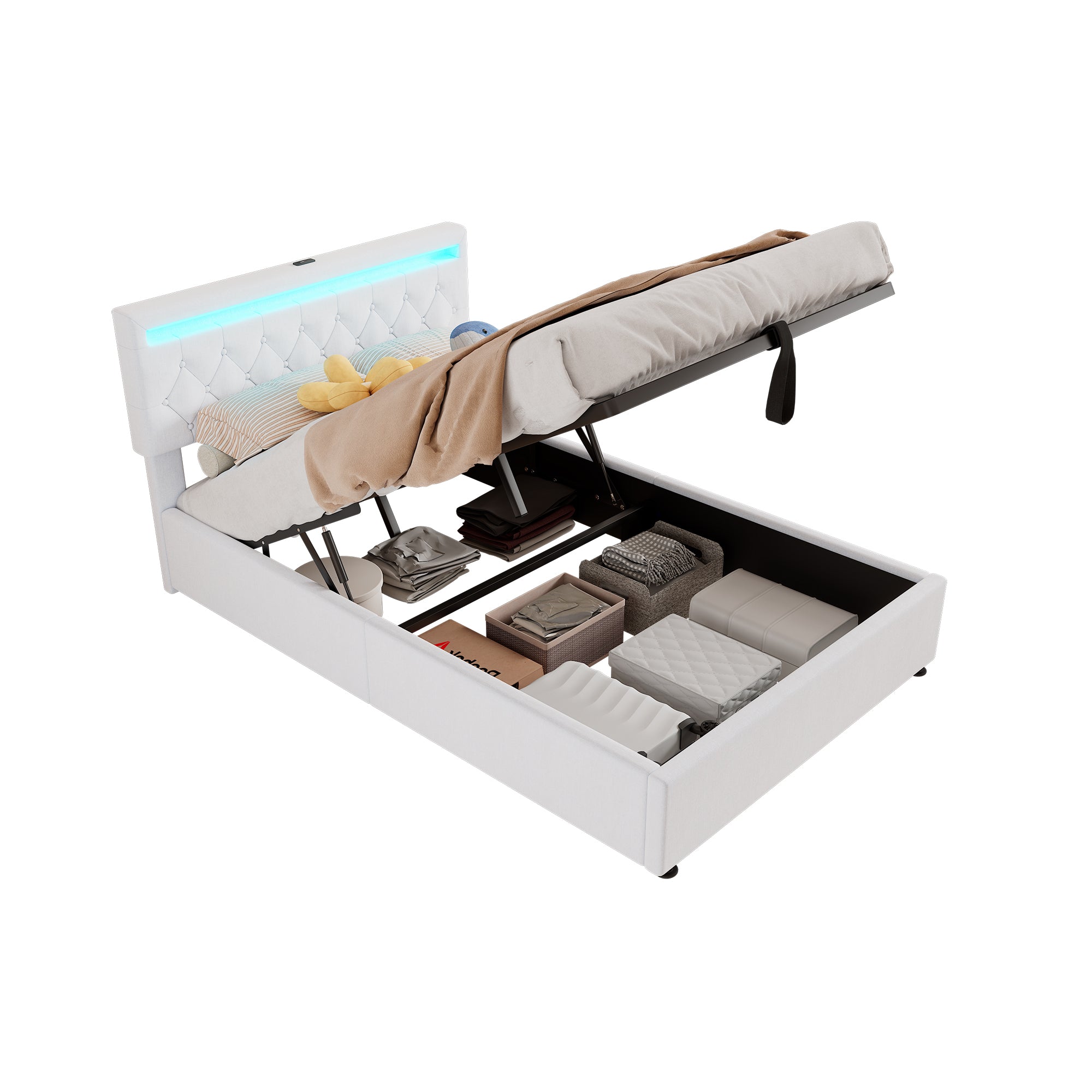 Upholstered Bed 140x200cm Adjustable Ambient Light USB/Type-C Storage - White