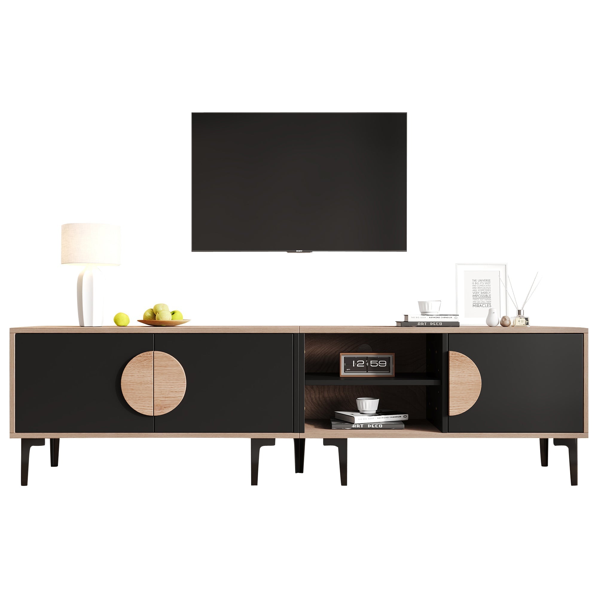 TV Cabinet Lowboard 180cm 2 Cabinets Open Shelves for 80 Inch TV - Wood/Black